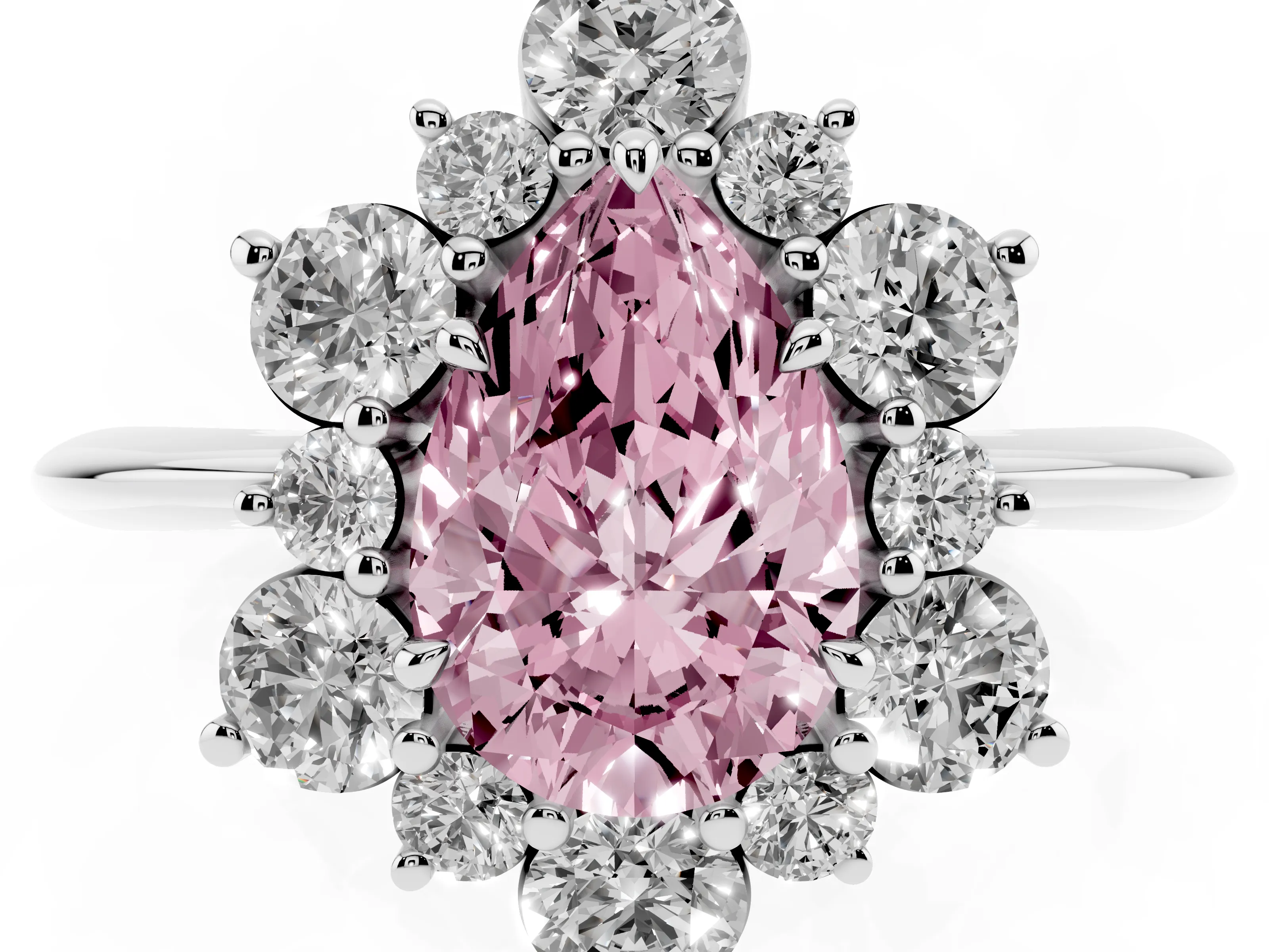 Fancy Pink Pear Cut Diamond Cluster Halo Ring Set in White gold with Solitaire Band and Prong Setting
