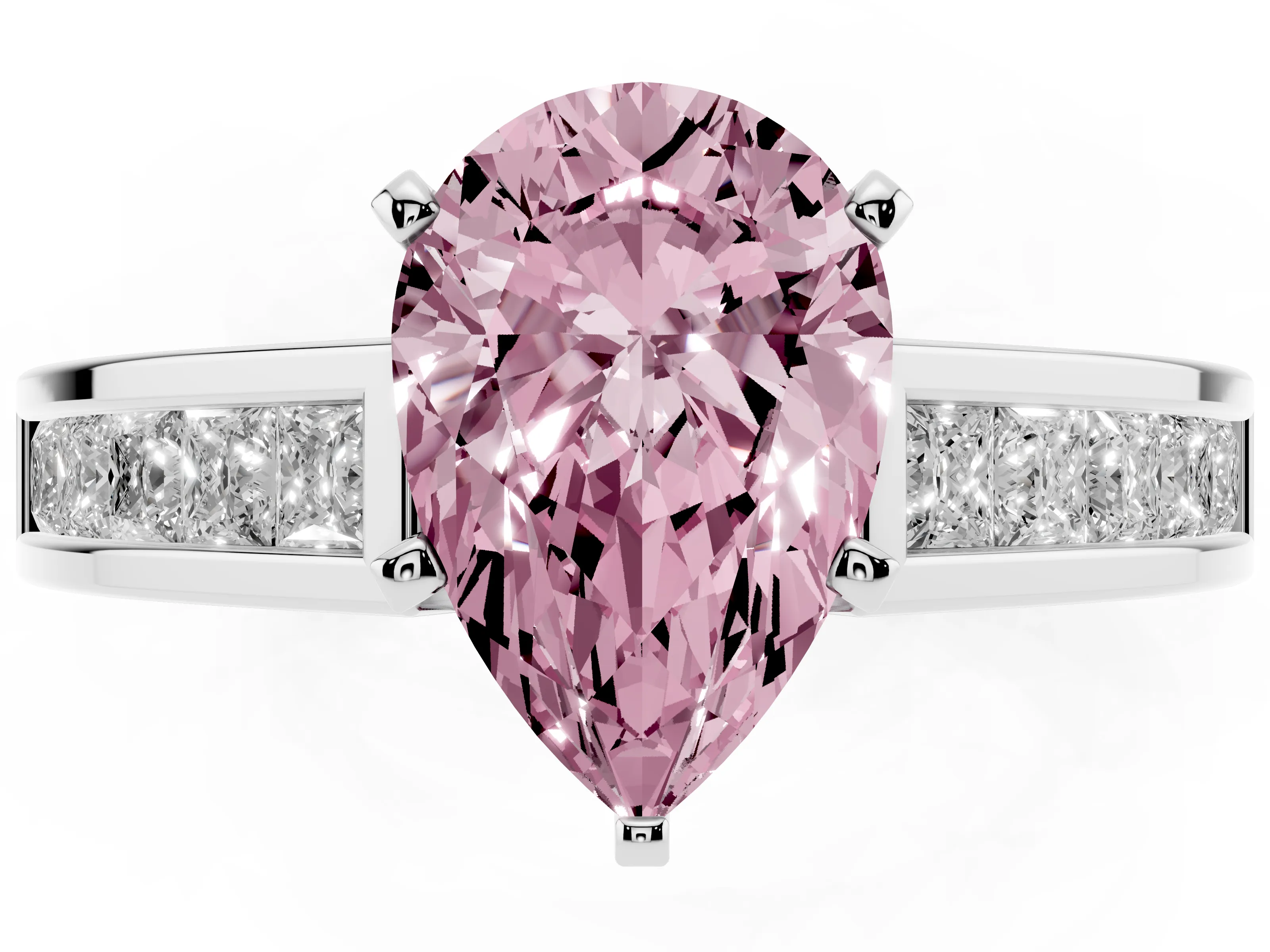 Fancy Pink Pear Cut Diamond Solitaire Ring Set in White gold with Channel-Set Band and Prong Setting