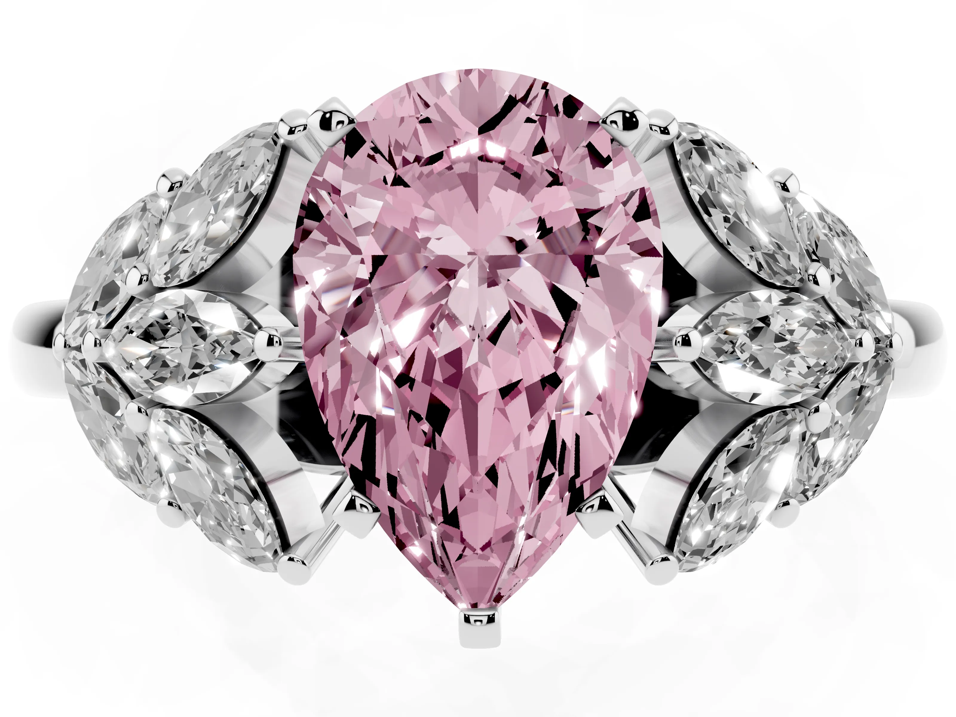 Fancy Pink Pear Cut Diamond Cluster Leaf Design Ring Set in Silver with Prong Setting