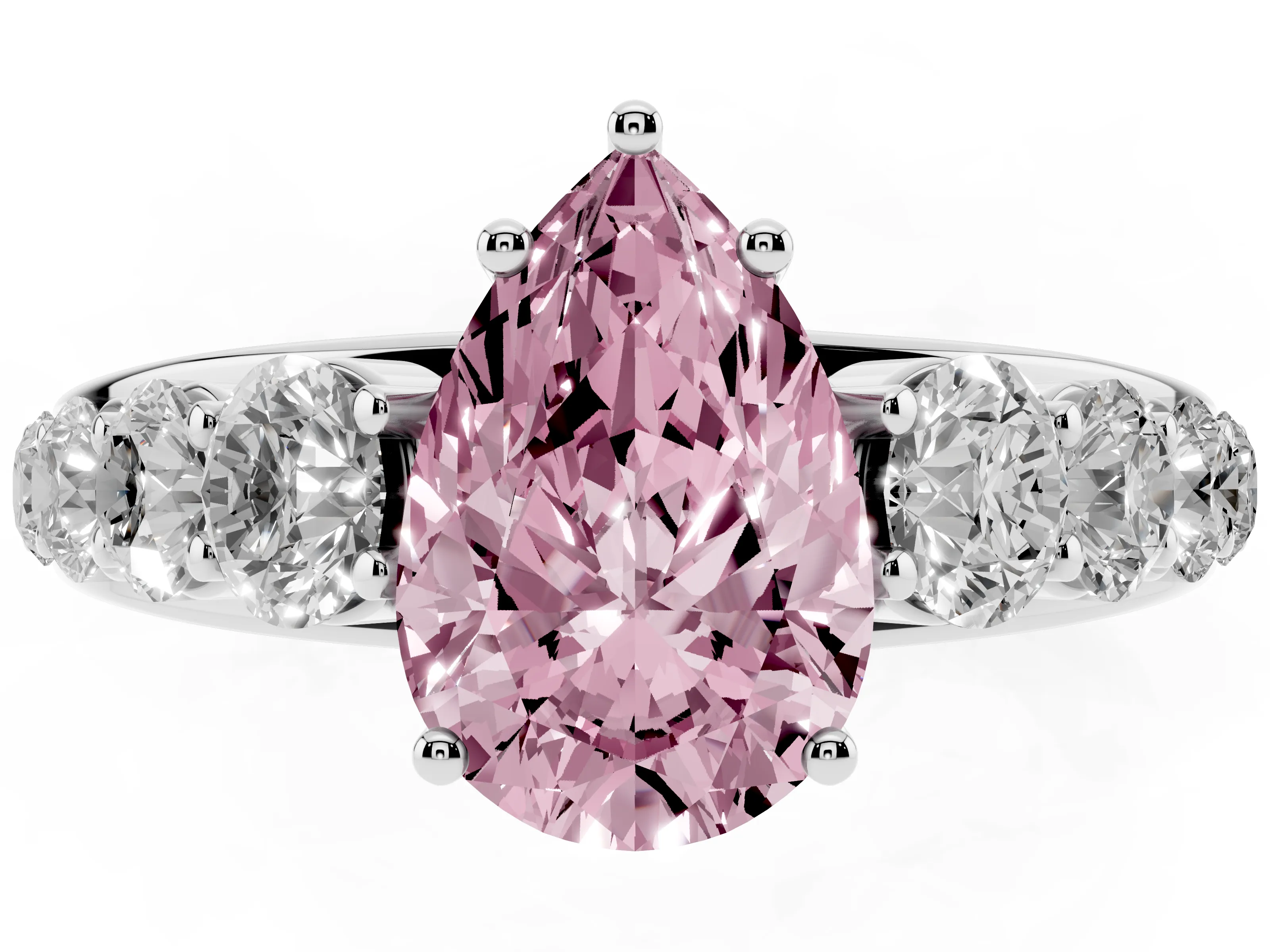 Fancy Pink Pear Cut Diamond Solitaire Ring Set in Silver with Pavé-Set Band and Prong Setting