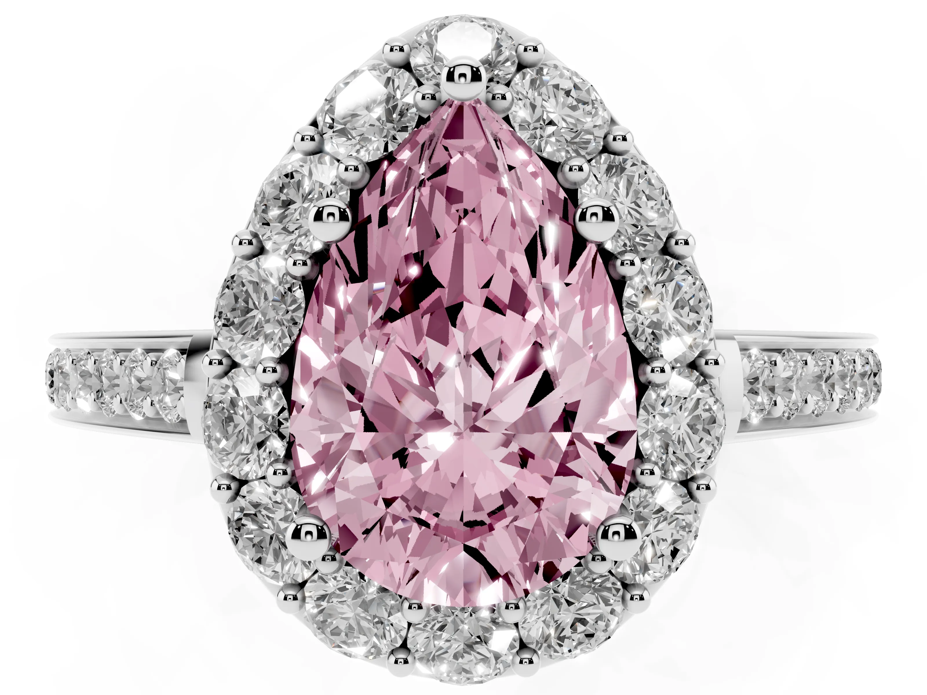 Fancy Pink Pear Cut Diamond Floral Halo Ring Set in Platinum with Pavé Band and Prong Setting