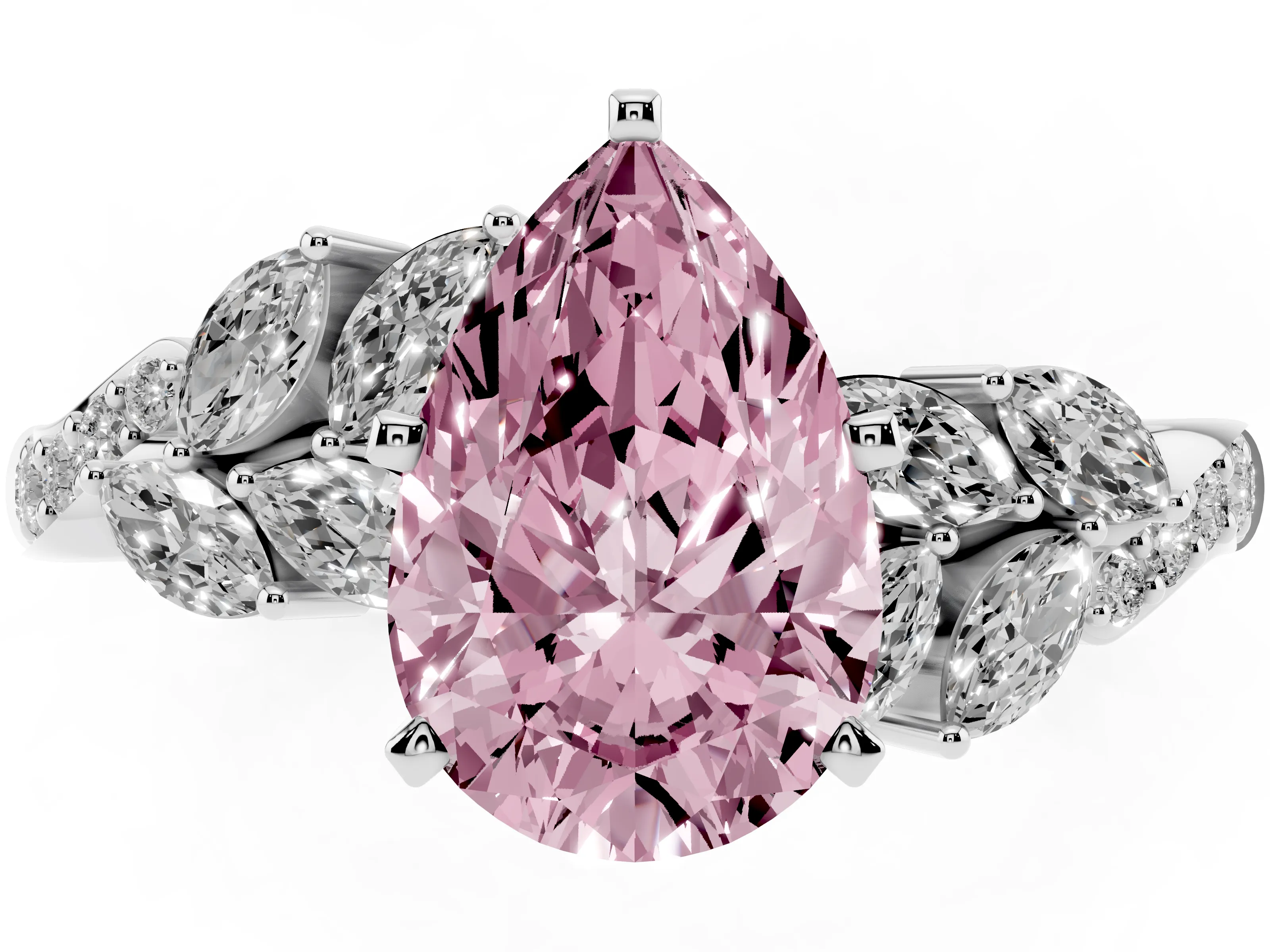 Fancy Pink Pear Cut Diamond Solitaire Ring Set in Platinum with Marquise Twist Band and Prong Setting