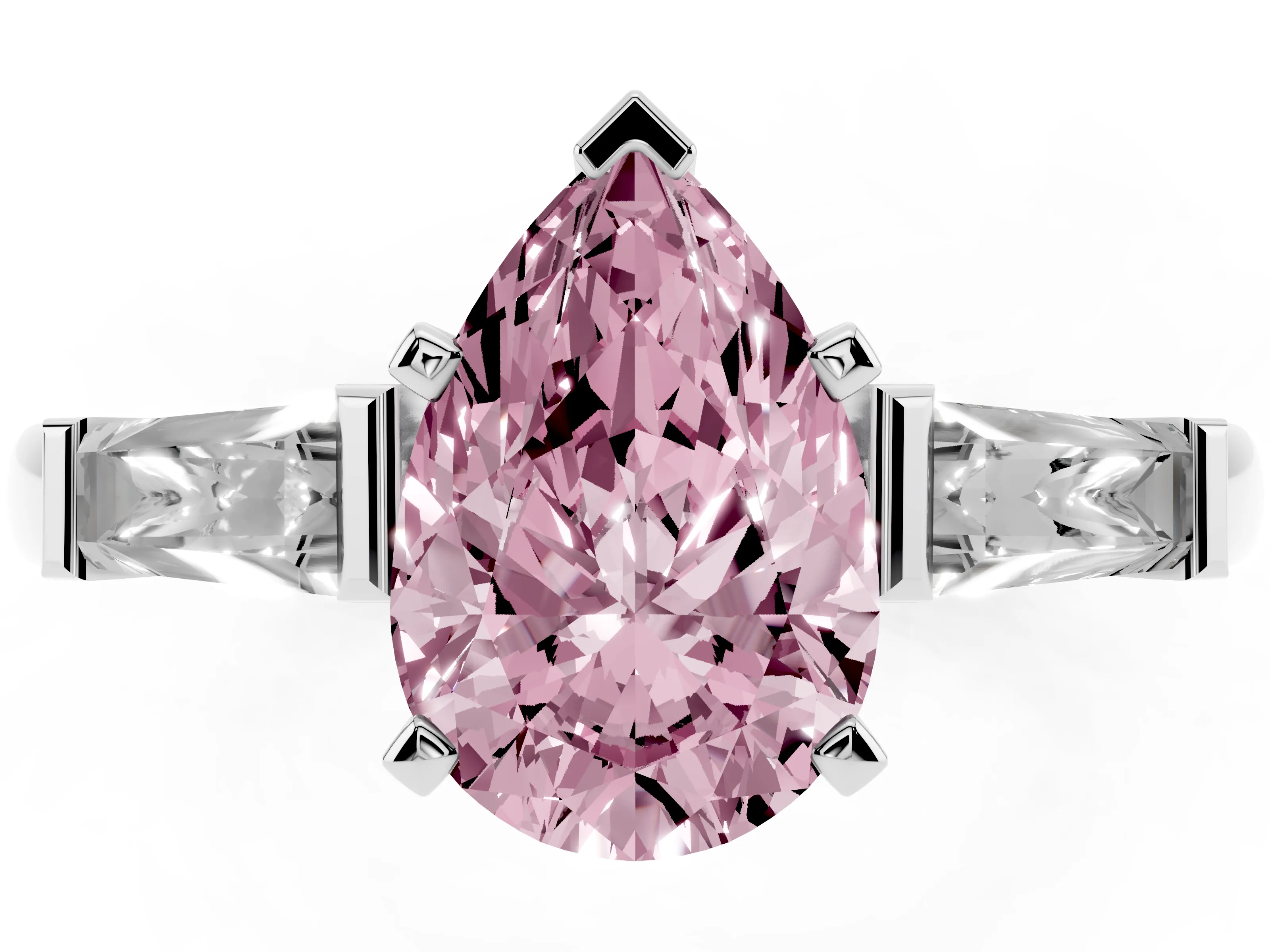 Fancy Pink Pear Cut Diamond Solitaire Ring Set in Platinum with Tapered Baguette Side Stones and Prong Setting