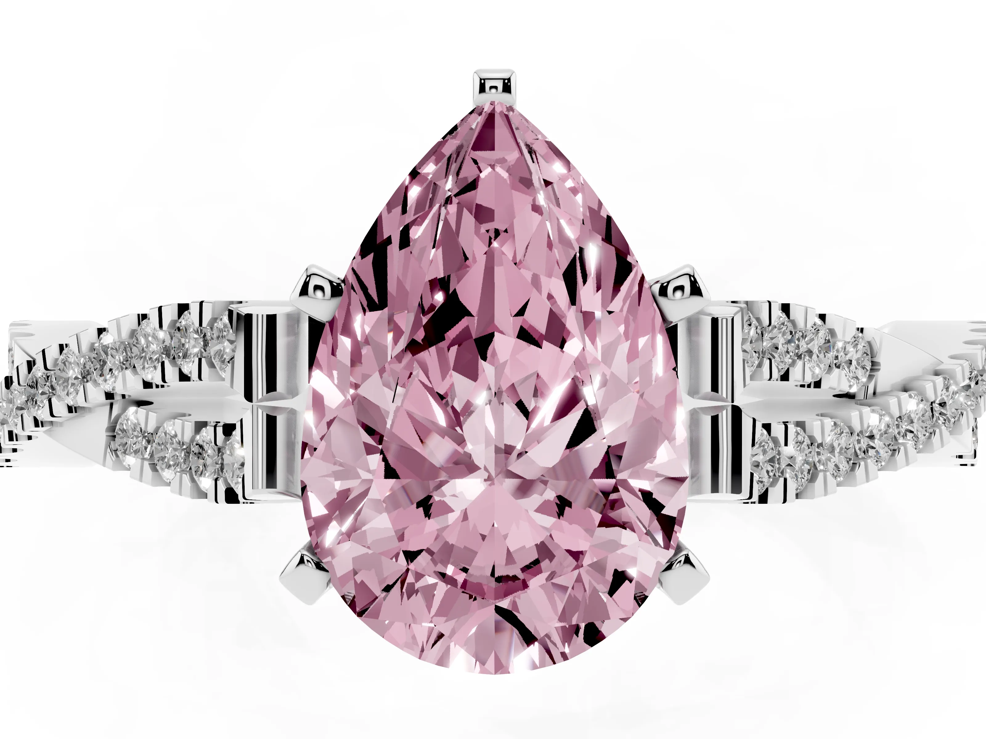 Fancy Pink Pear Cut Diamond Solitaire Engagement Ring Set in White gold with Twisted Pavé Band and Prong Setting