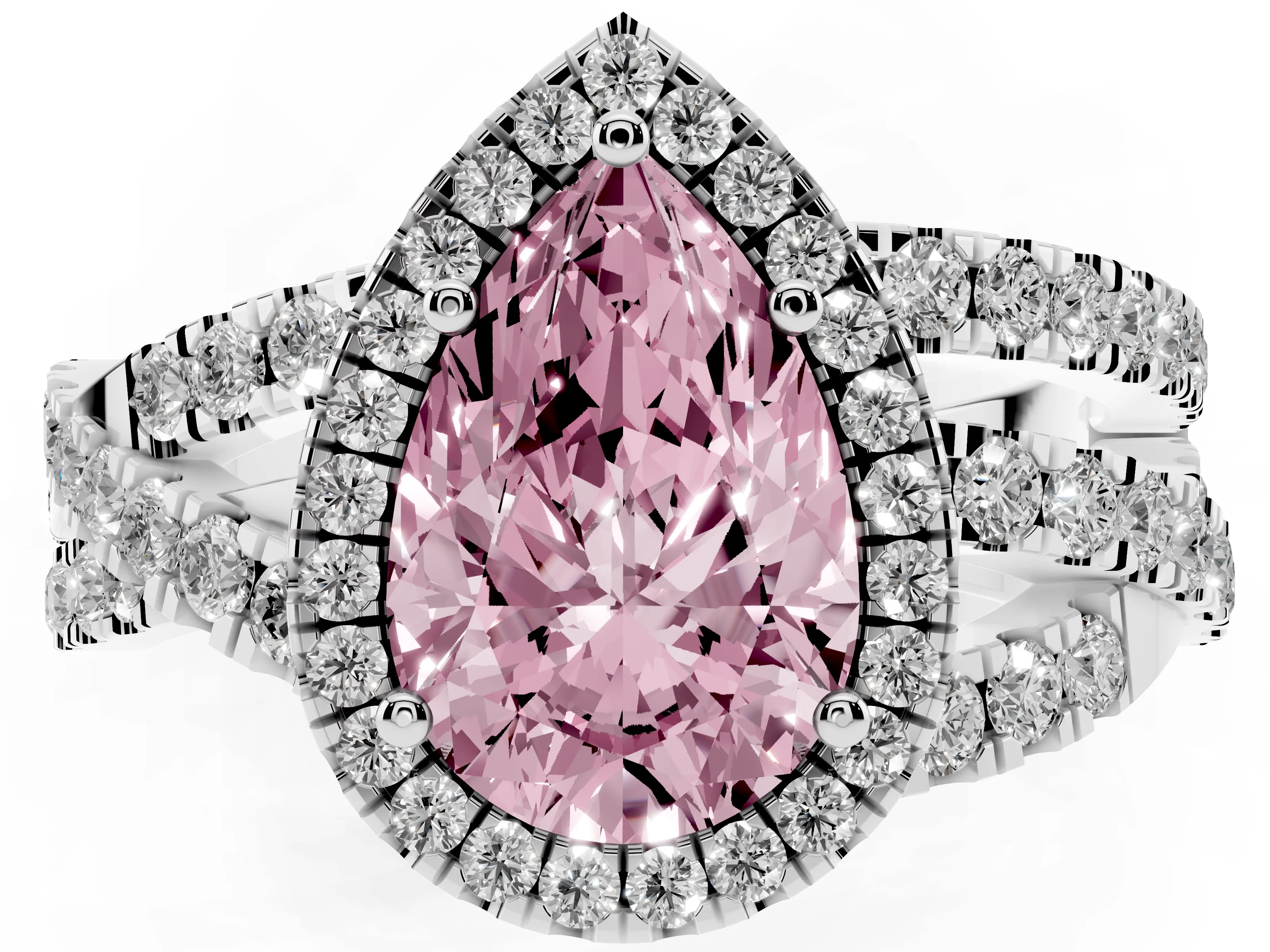 Fancy Pink Pear Cut Diamond Halo Ring Set in Platinum with Round Crossover Split Shank and Prong Setting