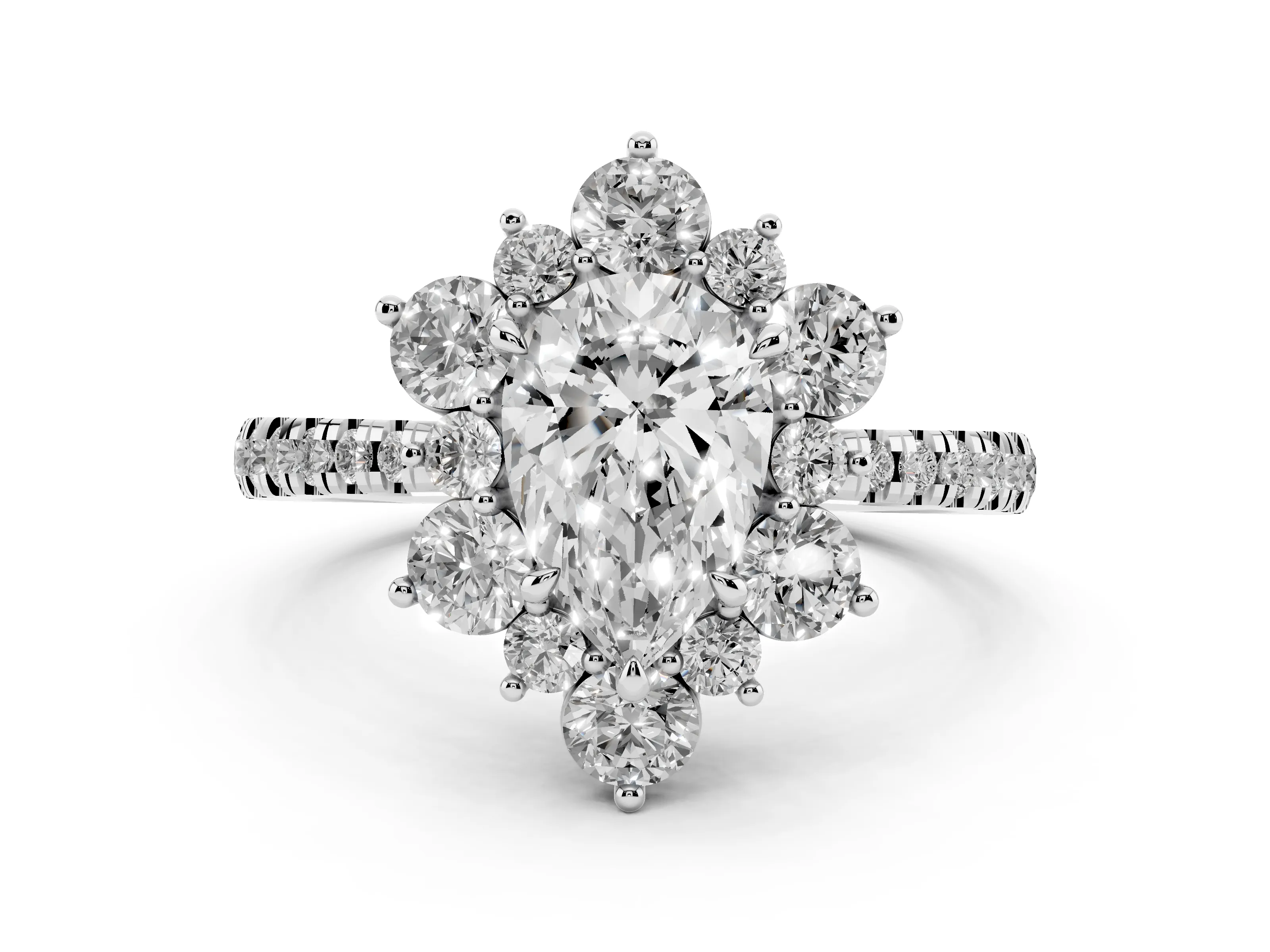 Pear Cut Diamond Floral Halo Ring Set in White gold with Round Pavé Band and Prong Setting