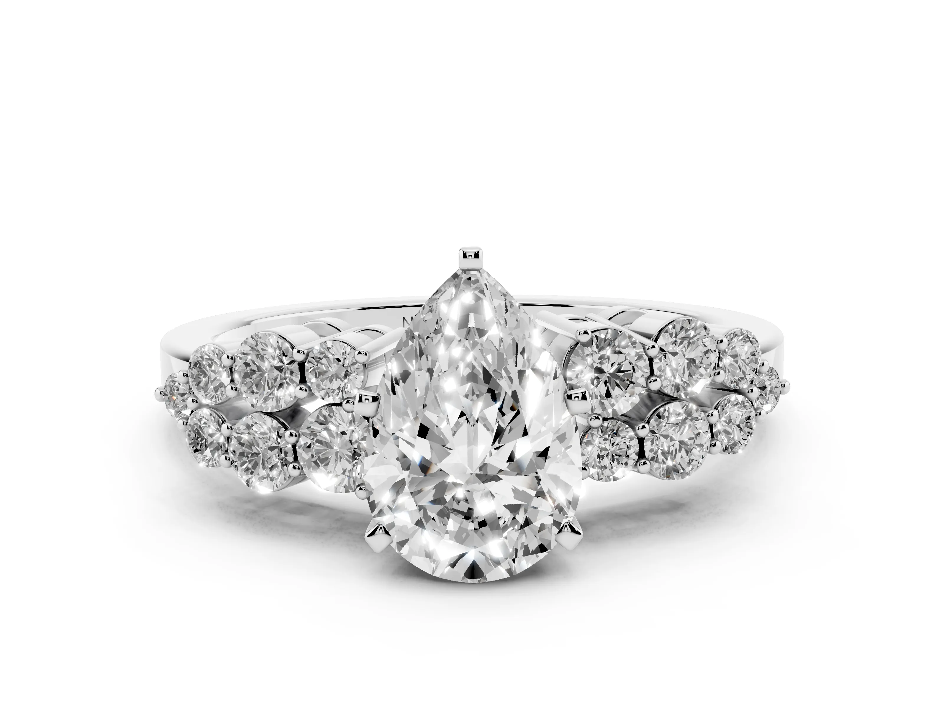 Pear Cut Diamond Cluster Engagement Ring Set in White gold with Pavé Band and Prong Setting