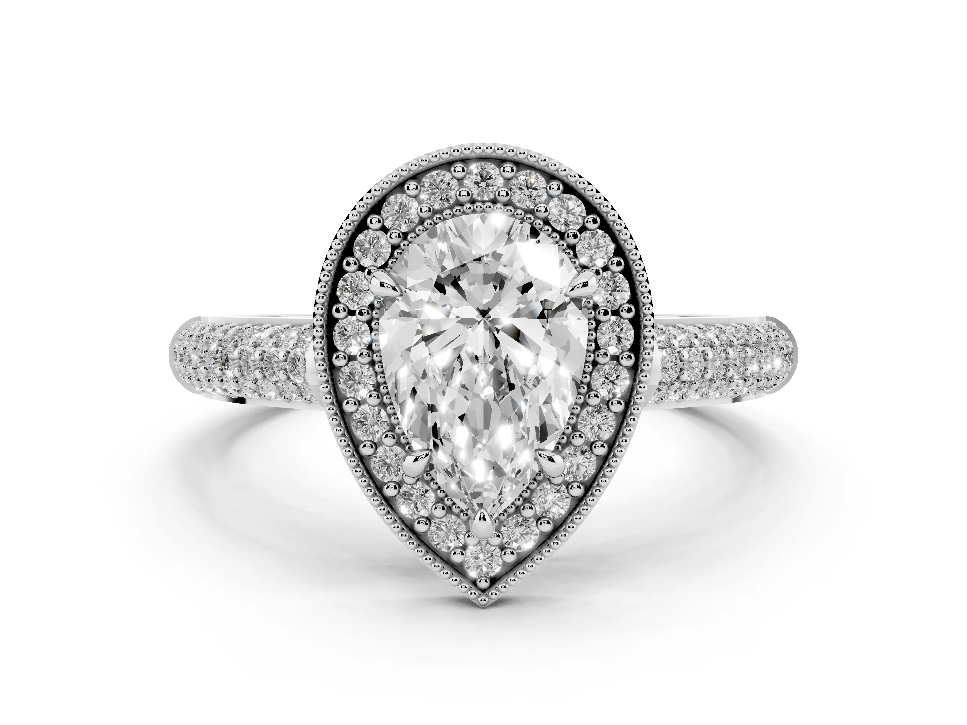 Pear Cut Diamond Halo Pavé Band Set in White gold with Prong Setting