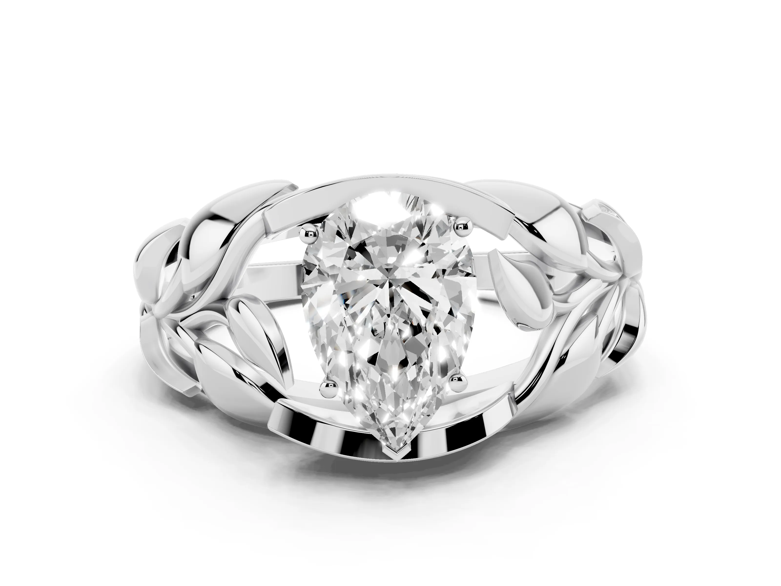 Pear Cut Diamond Leaf-Inspired Engagement Ring Set in Platinum with Round Accents