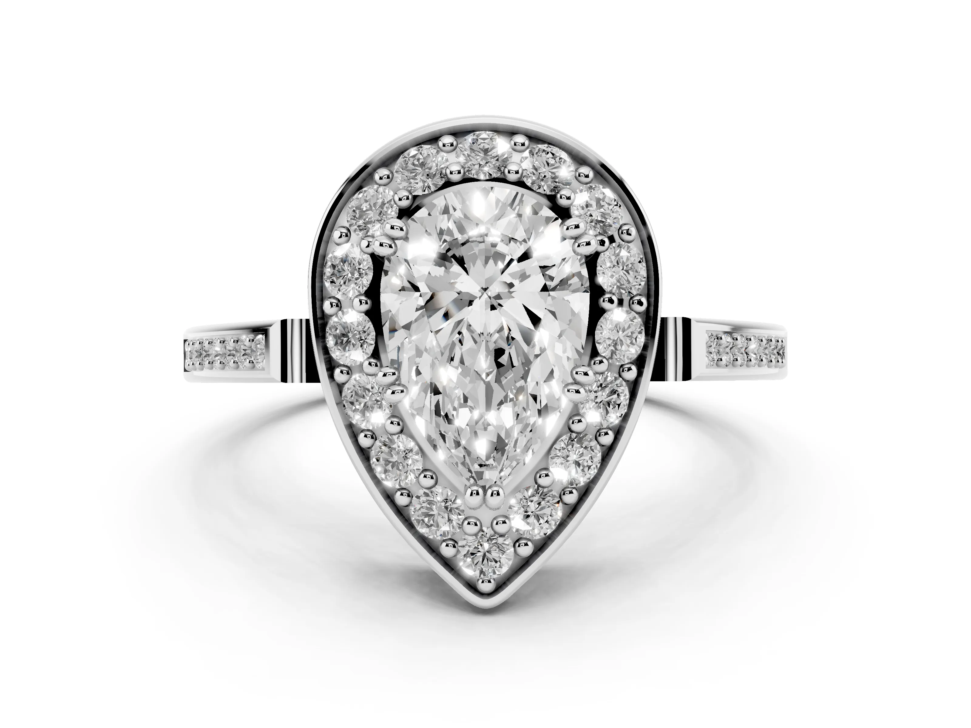Pear Cut Diamond Halo Ring Set in White gold with Accent-Lined Split Shank and Prong Setting