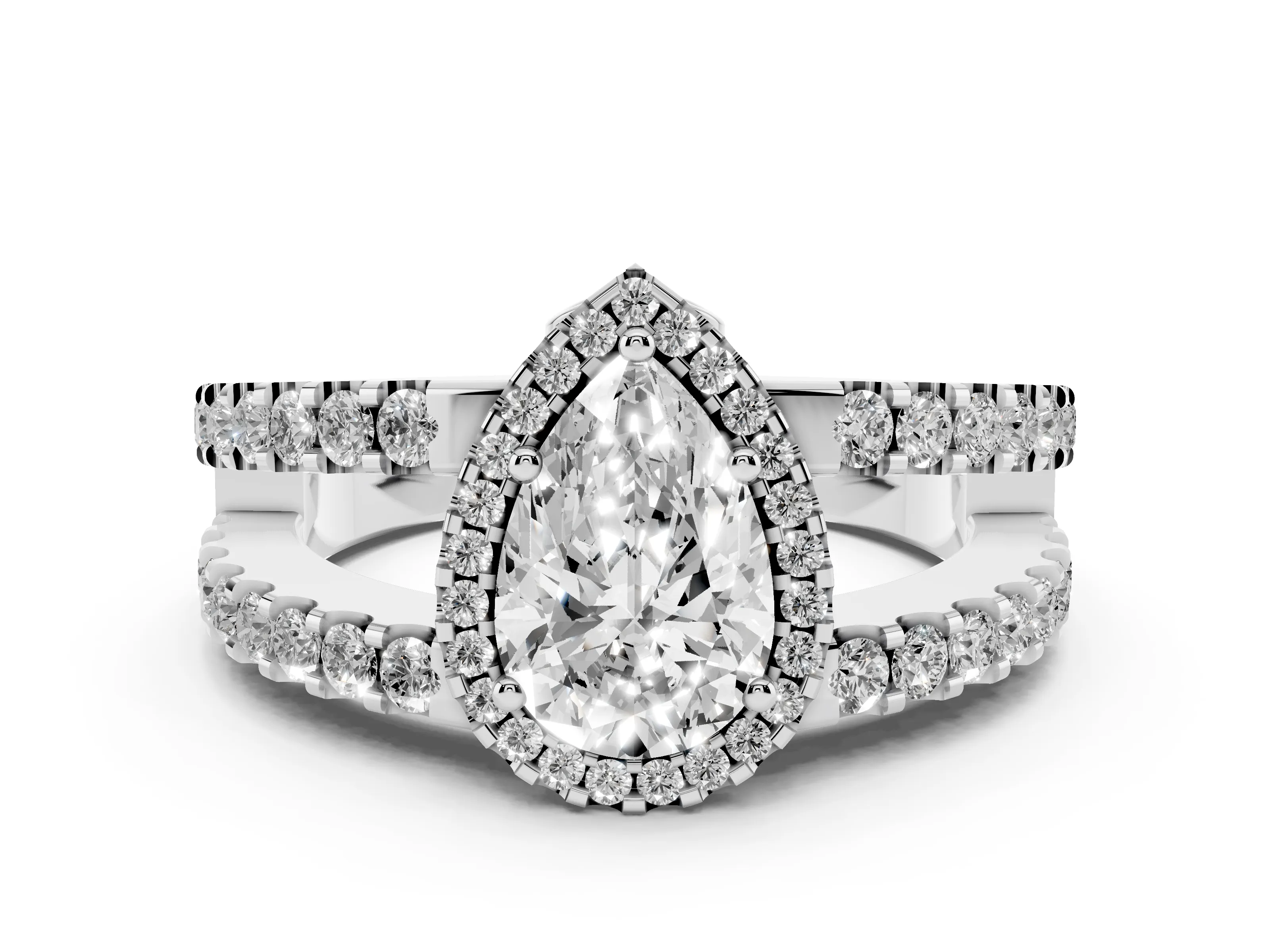 Pear Cut Diamond Halo Ring Set in Platinum with Pavé Split Shank and Prong Setting