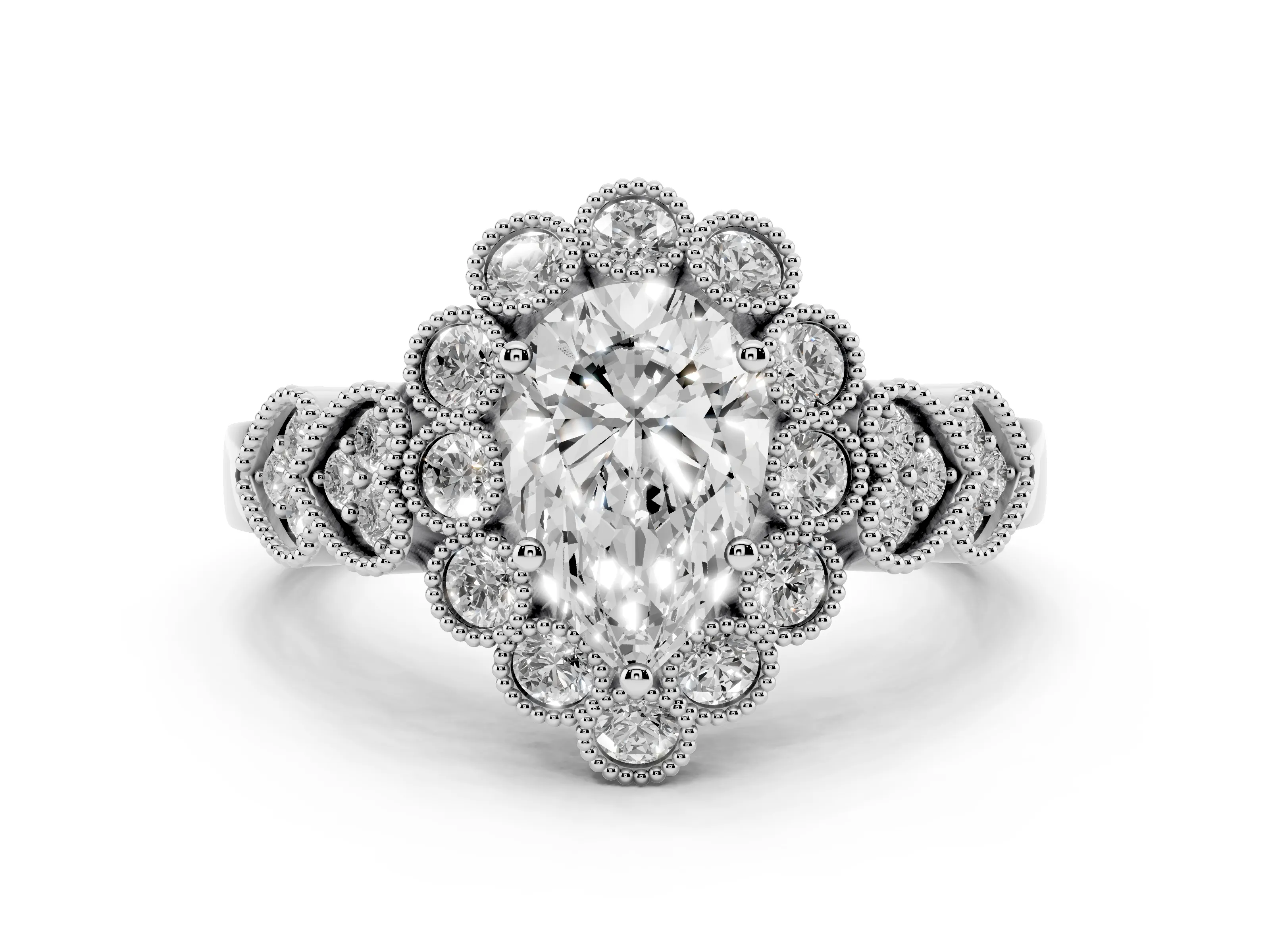 Pear Cut Diamond Solitaire Ring Set in Platinum with Milgrain Pavé Heart Band