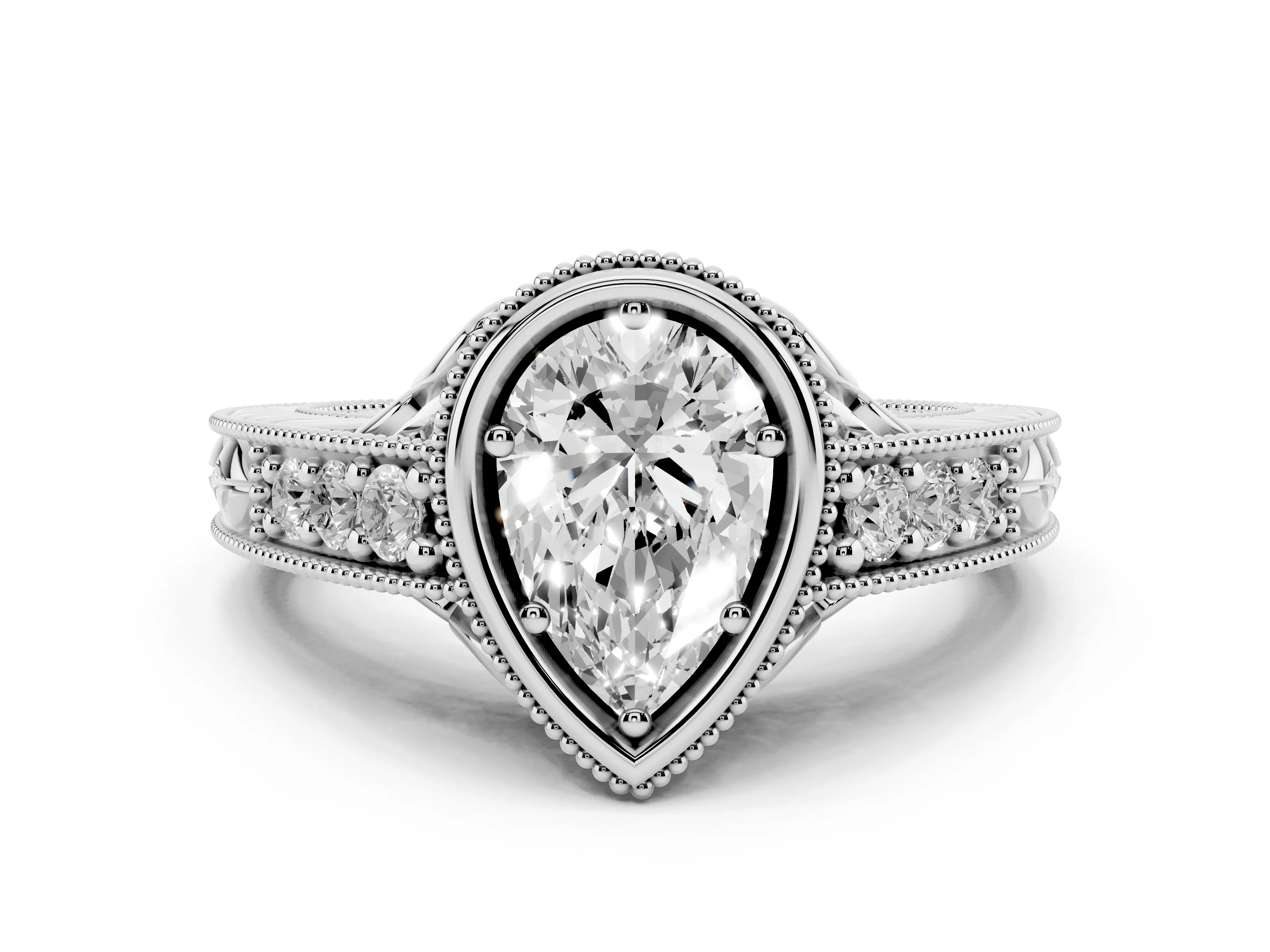 Bezel Set Pear Cut Diamond Milgrain Pavé Engagement Ring Set in Platinum