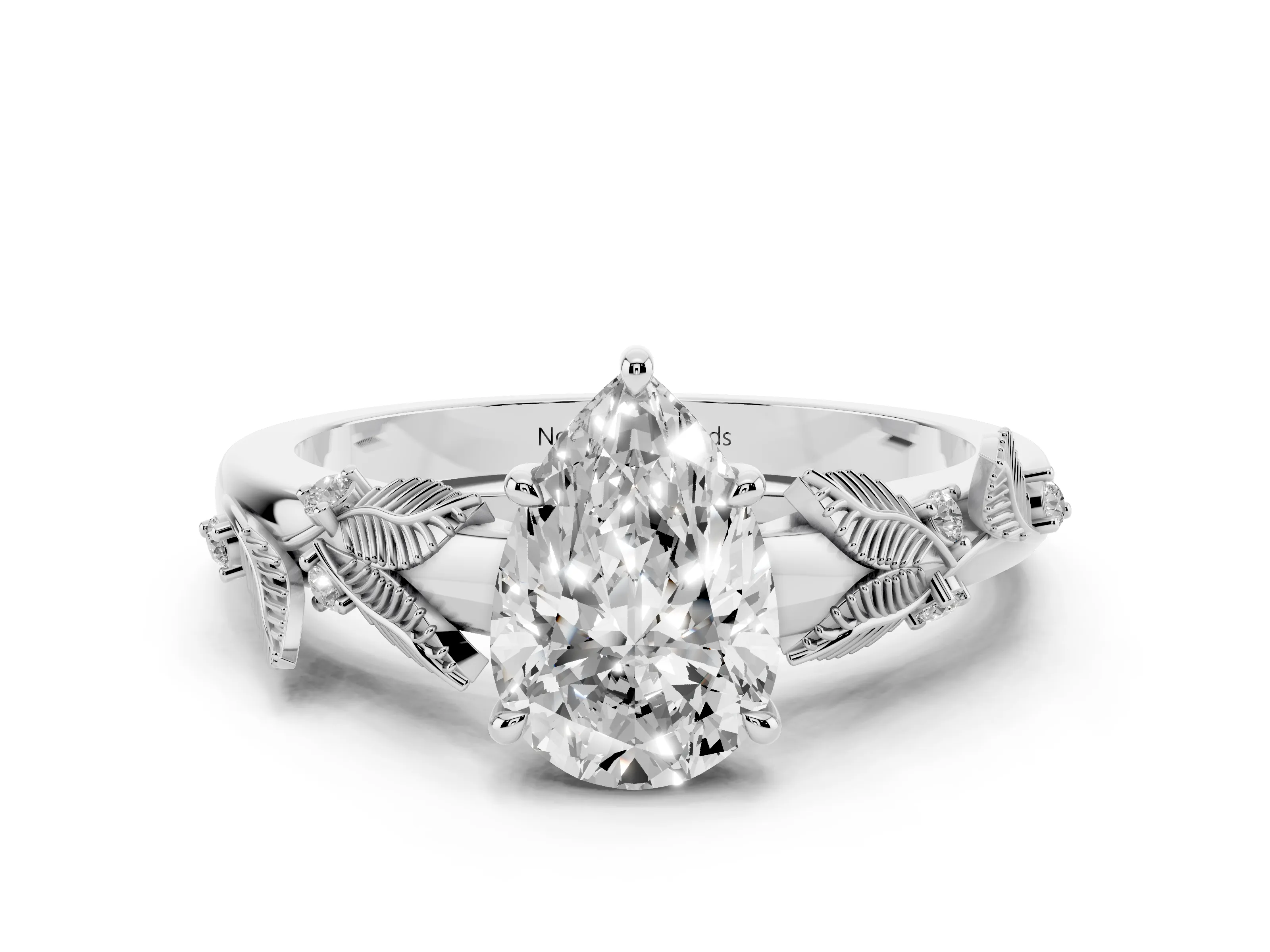 Pear Cut Diamond Solitaire Ring Set in White gold with Leaf Motif Band