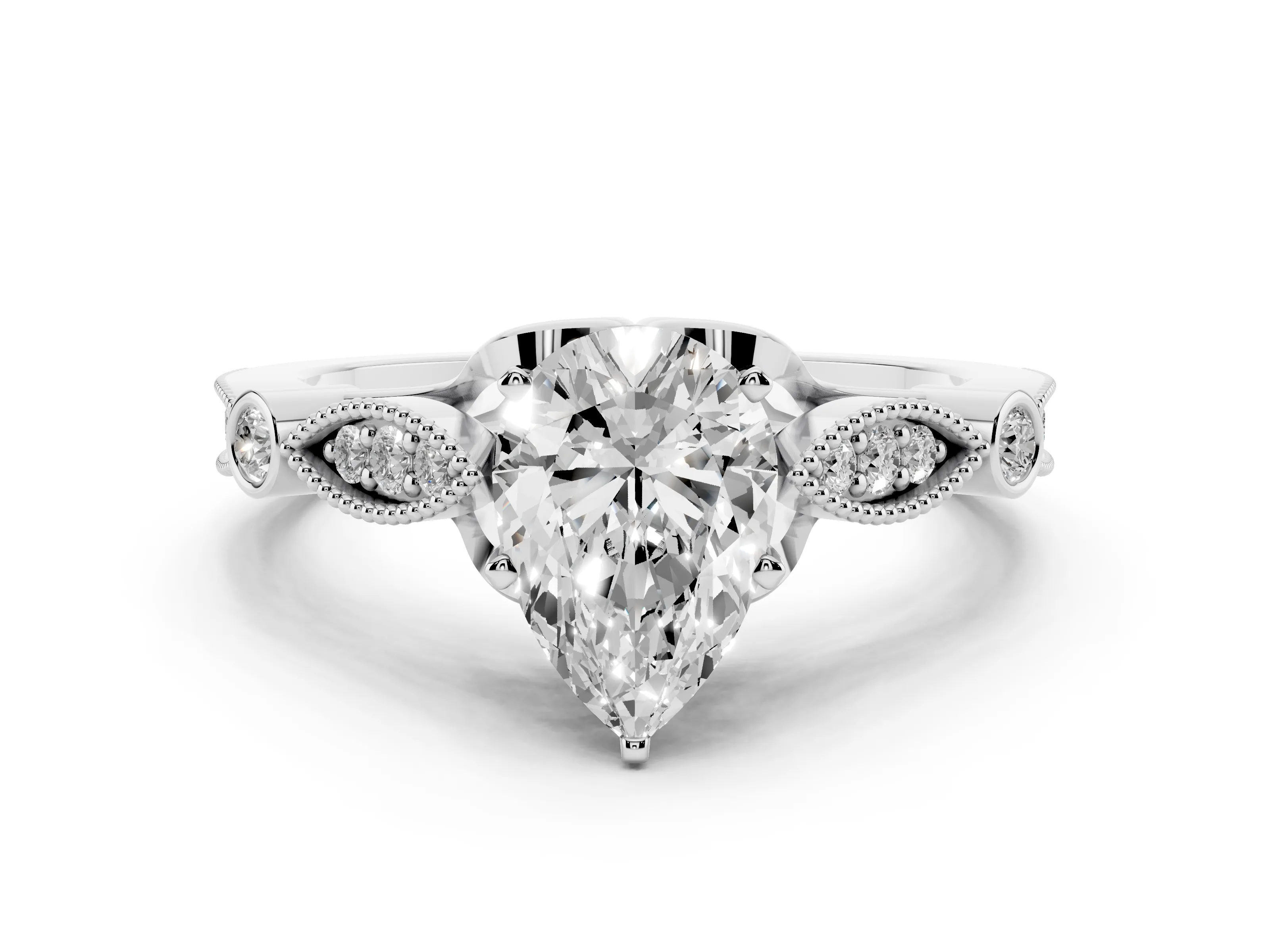 Pear Cut Diamond Solitaire Ring Set in Platinum with Milgrain Marquise and Bezel Accents