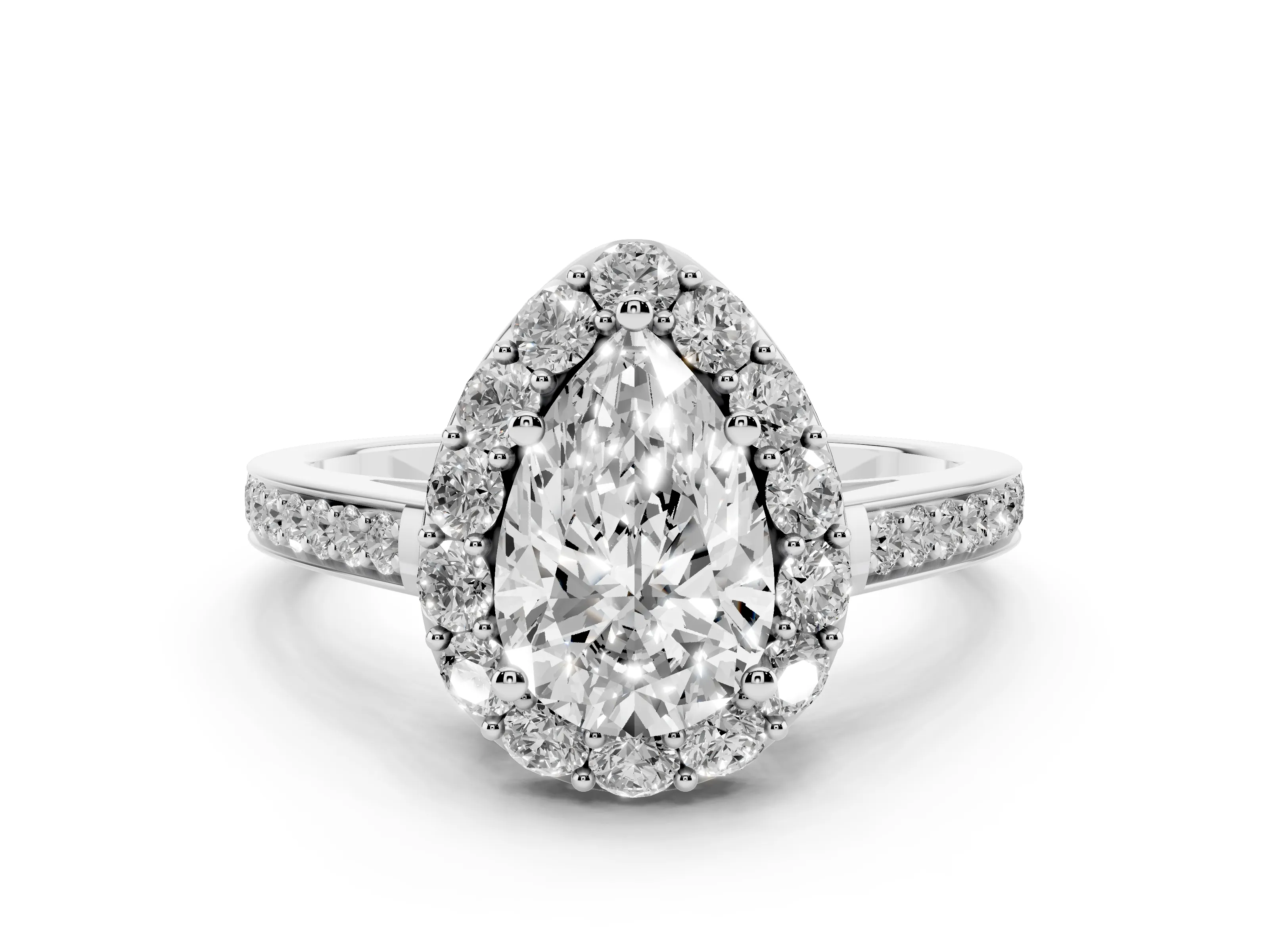 Pear Cut Diamond Floral Halo Ring Set in White gold with Pavé Band and Prong Setting