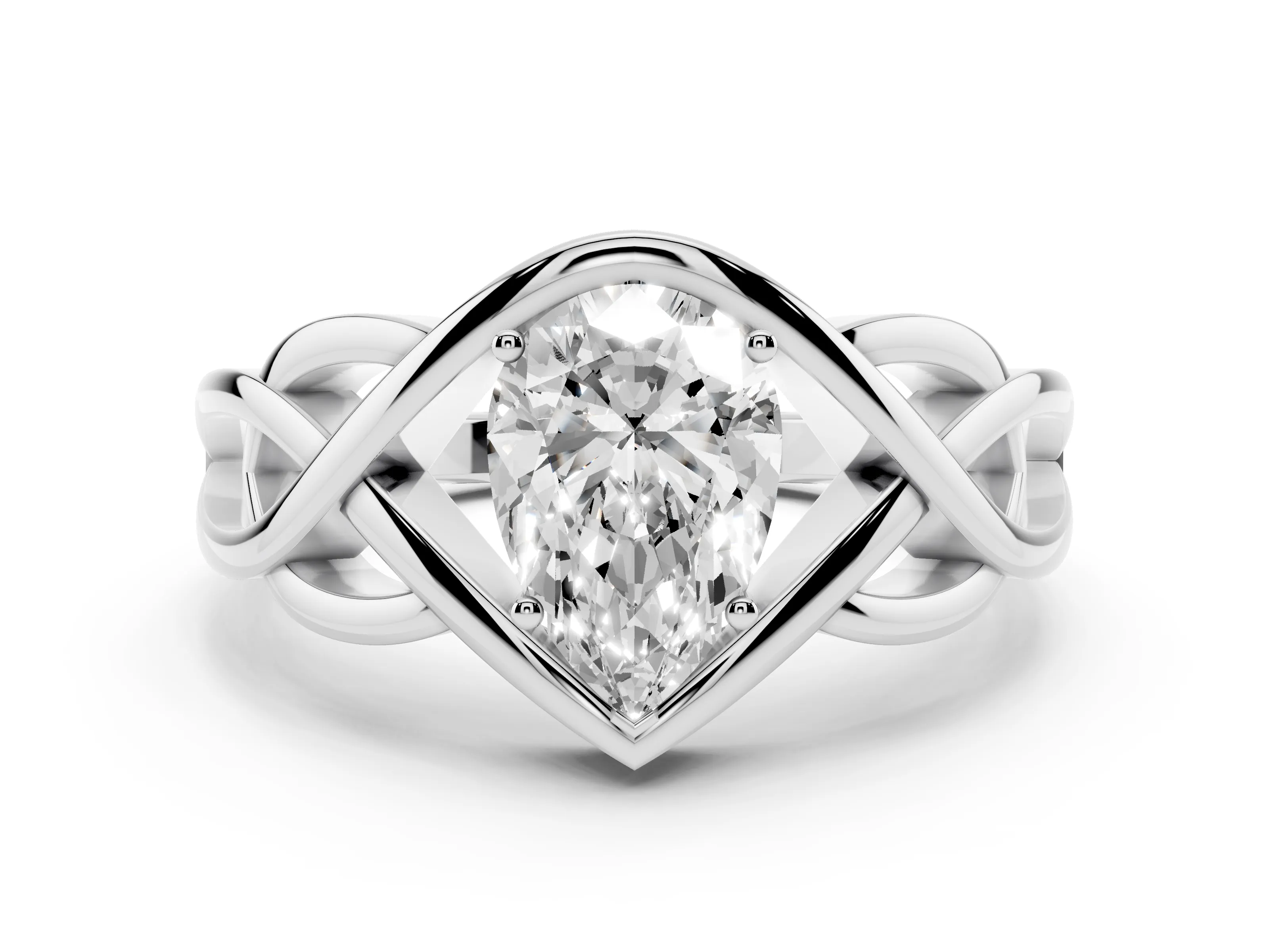 Pear Cut Diamond Solitaire Ring Set in Silver with Intertwined Band