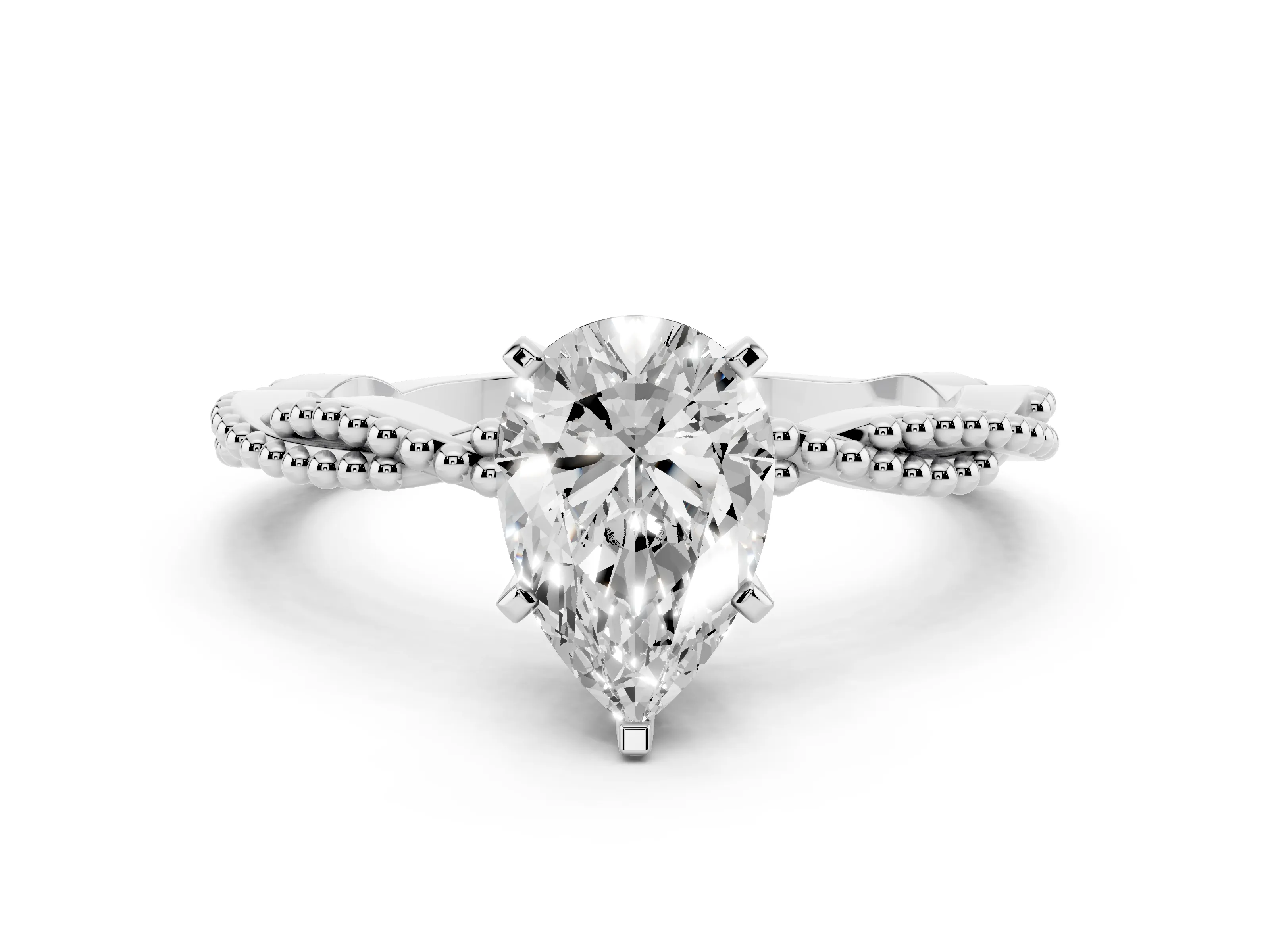 Pear Cut Diamond Solitaire Ring Set in Platinum with Twisted Band and Bead Prong Setting