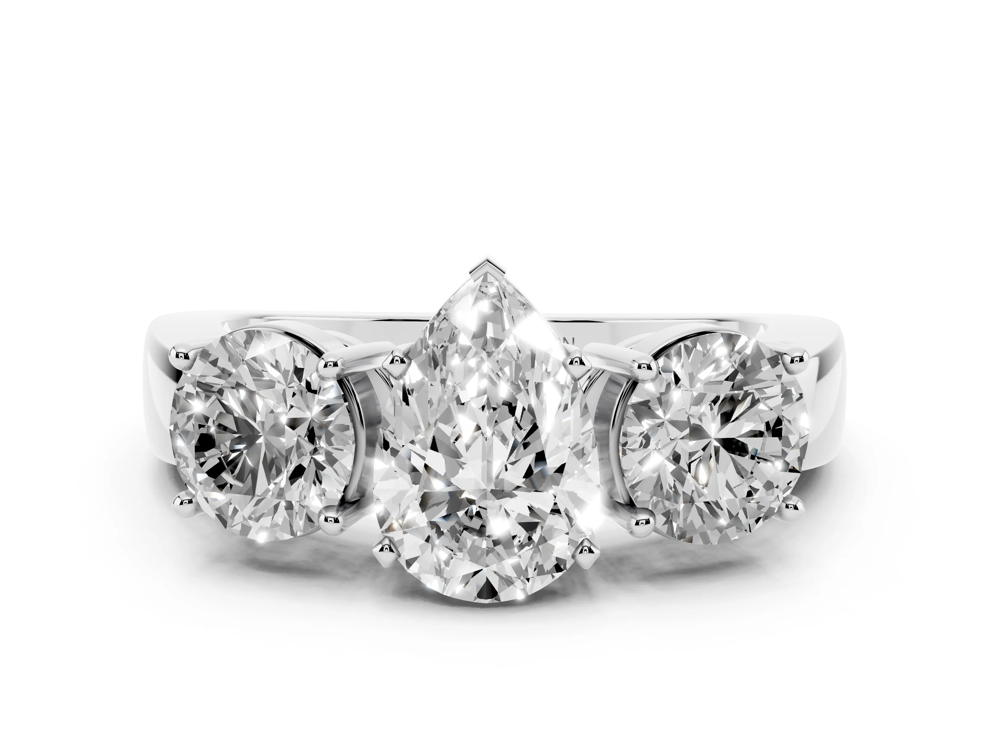 Pear Cut Diamond Three-Stone Ring Set in Platinum with Round Side Stones and Classic Band