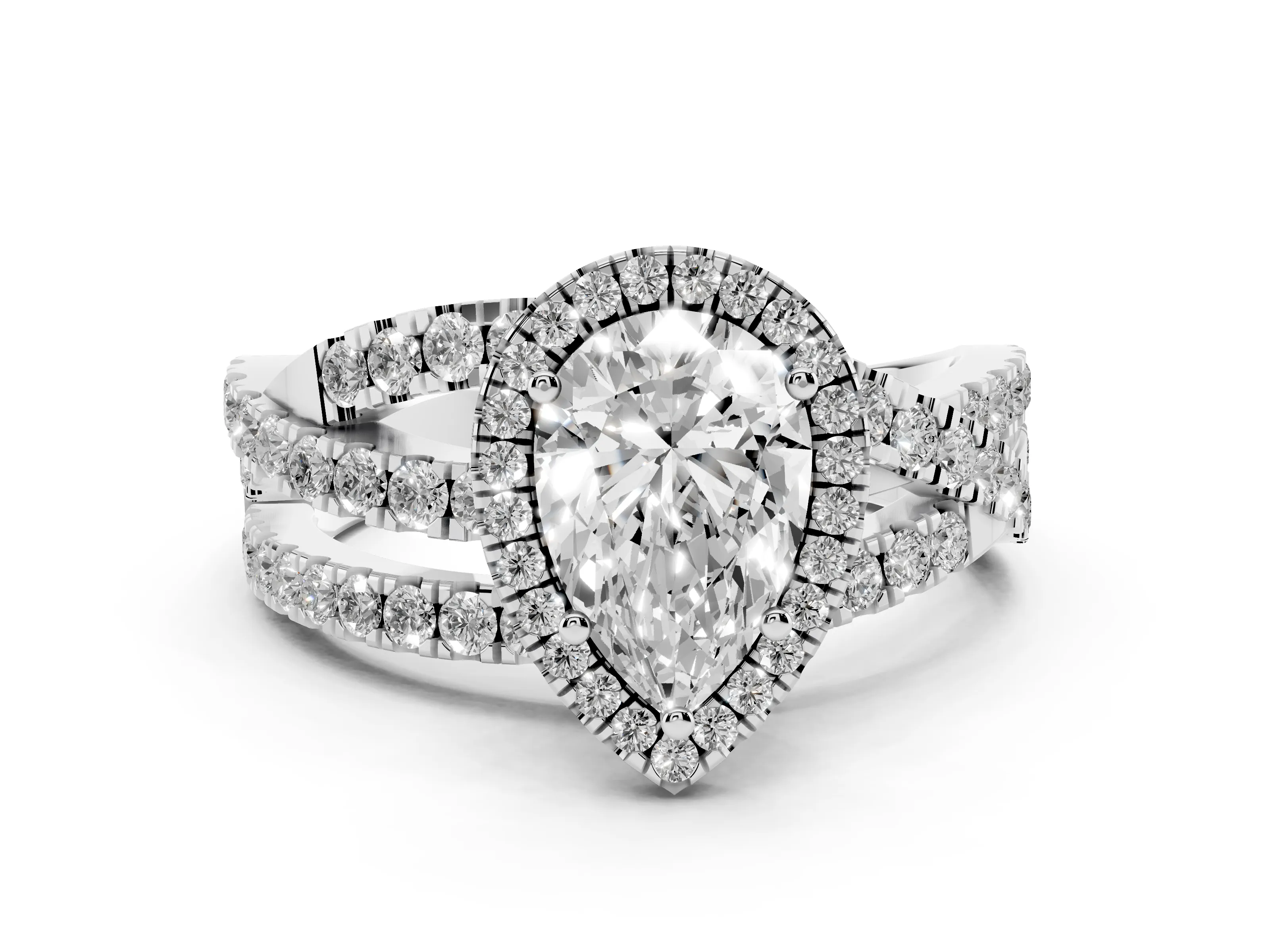 Pear Cut Diamond Halo Ring Set in White gold with Round Crossover Split Shank and Prong Setting