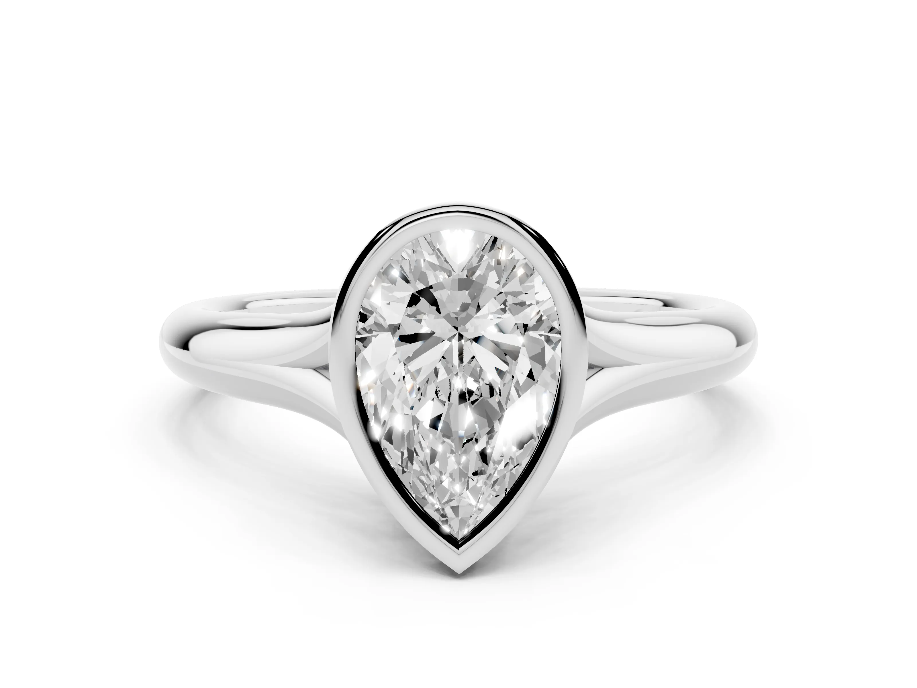Bezel Set Pear Cut Diamond Solitaire Ring Set in Platinum with Smooth Band
