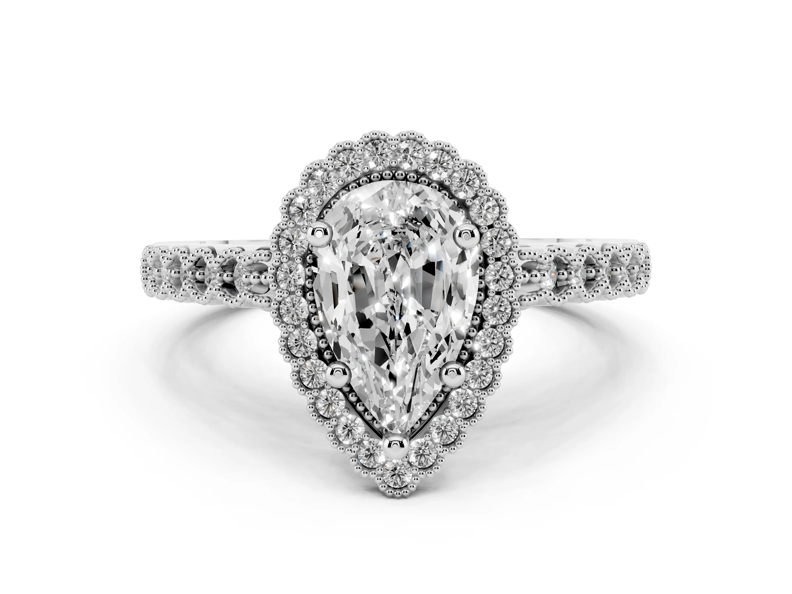 Pear Cut Diamond Halo Ring Set in Platinum with Pavé Milgrain Band