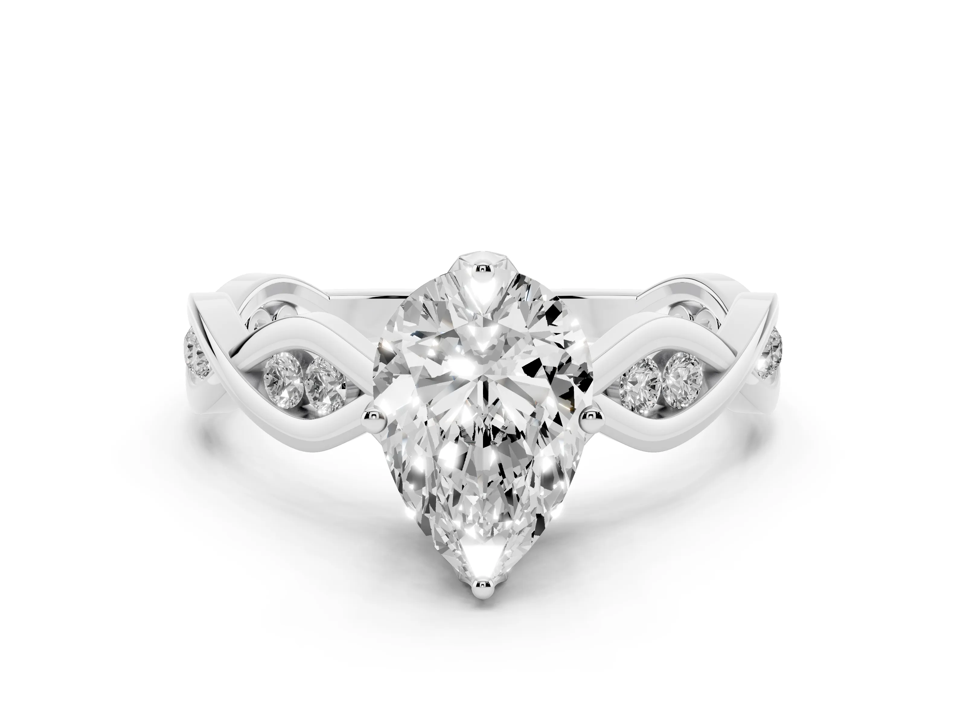 Pear Cut Diamond Twist Band Solitaire Ring Set in White gold with Leaf Prong Setting and Accent Stones