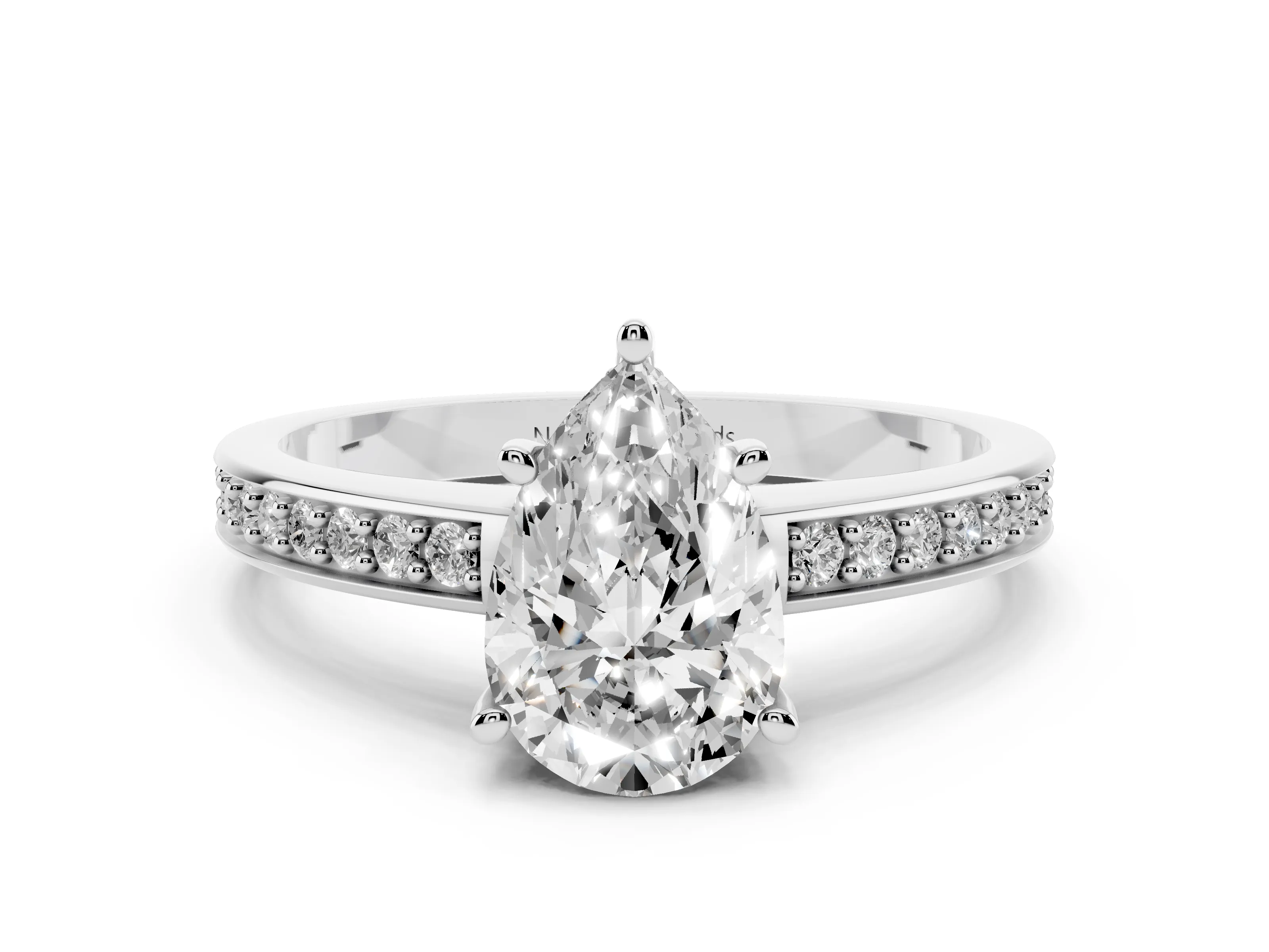 Pear Cut Diamond Pavé Band Prong Set Solitaire Ring Set in White gold