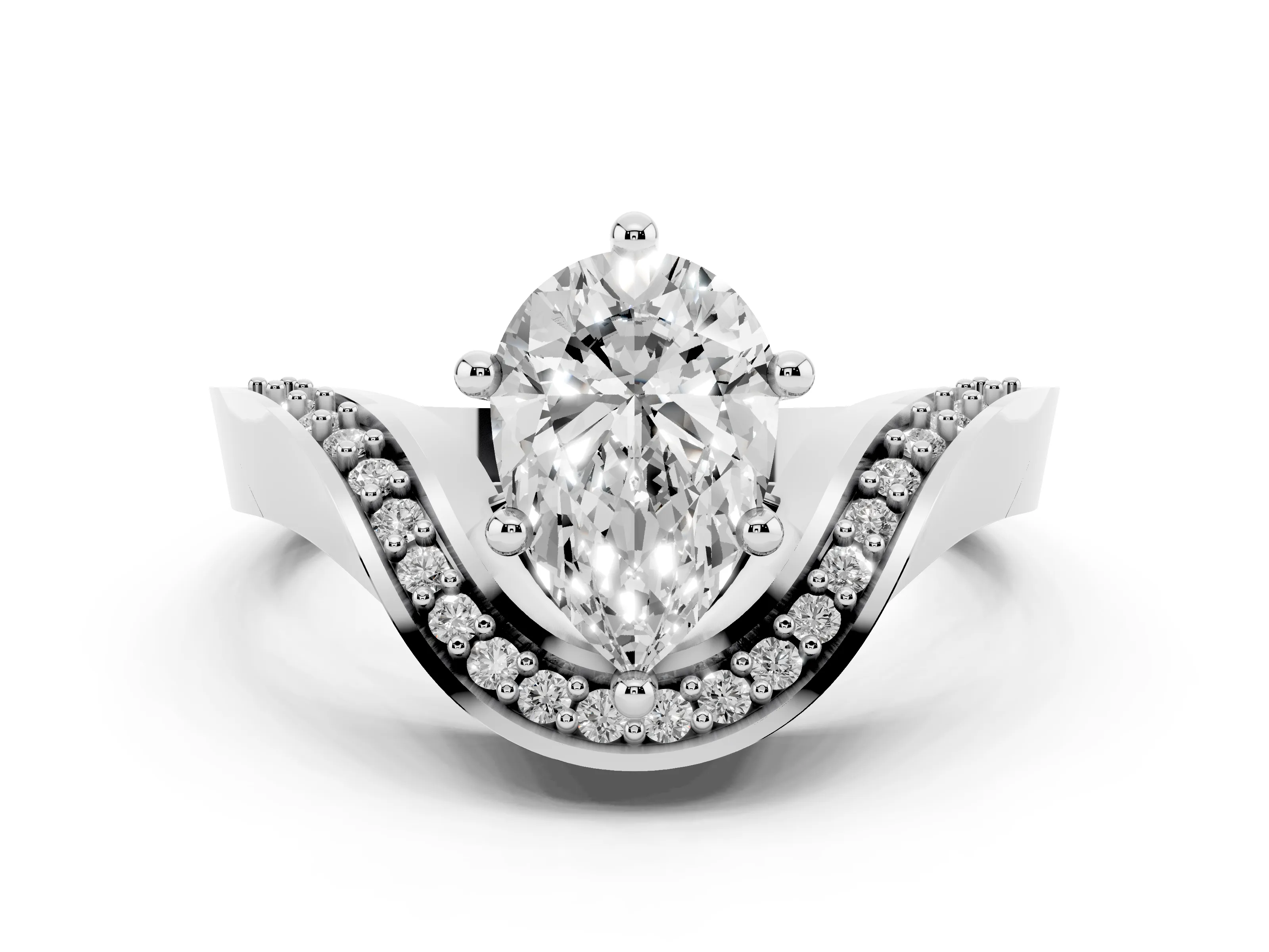 Pear Cut Diamond Solitaire Engagement Ring Set in White gold with Pavé Shoulders
