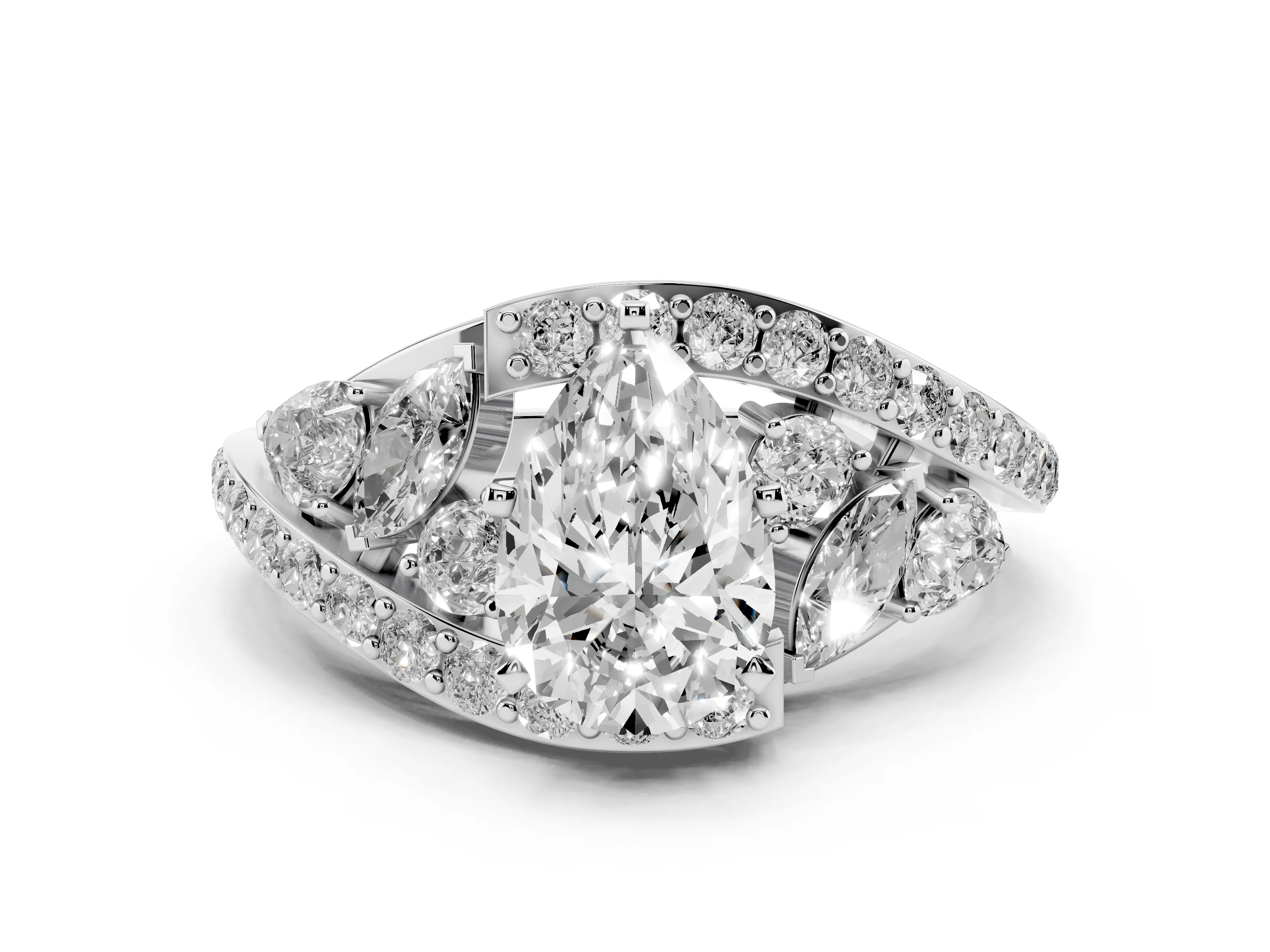 Pear Cut Diamond Halo Ring Set in Platinum with Marquise and Pavé Band in Prong Setting