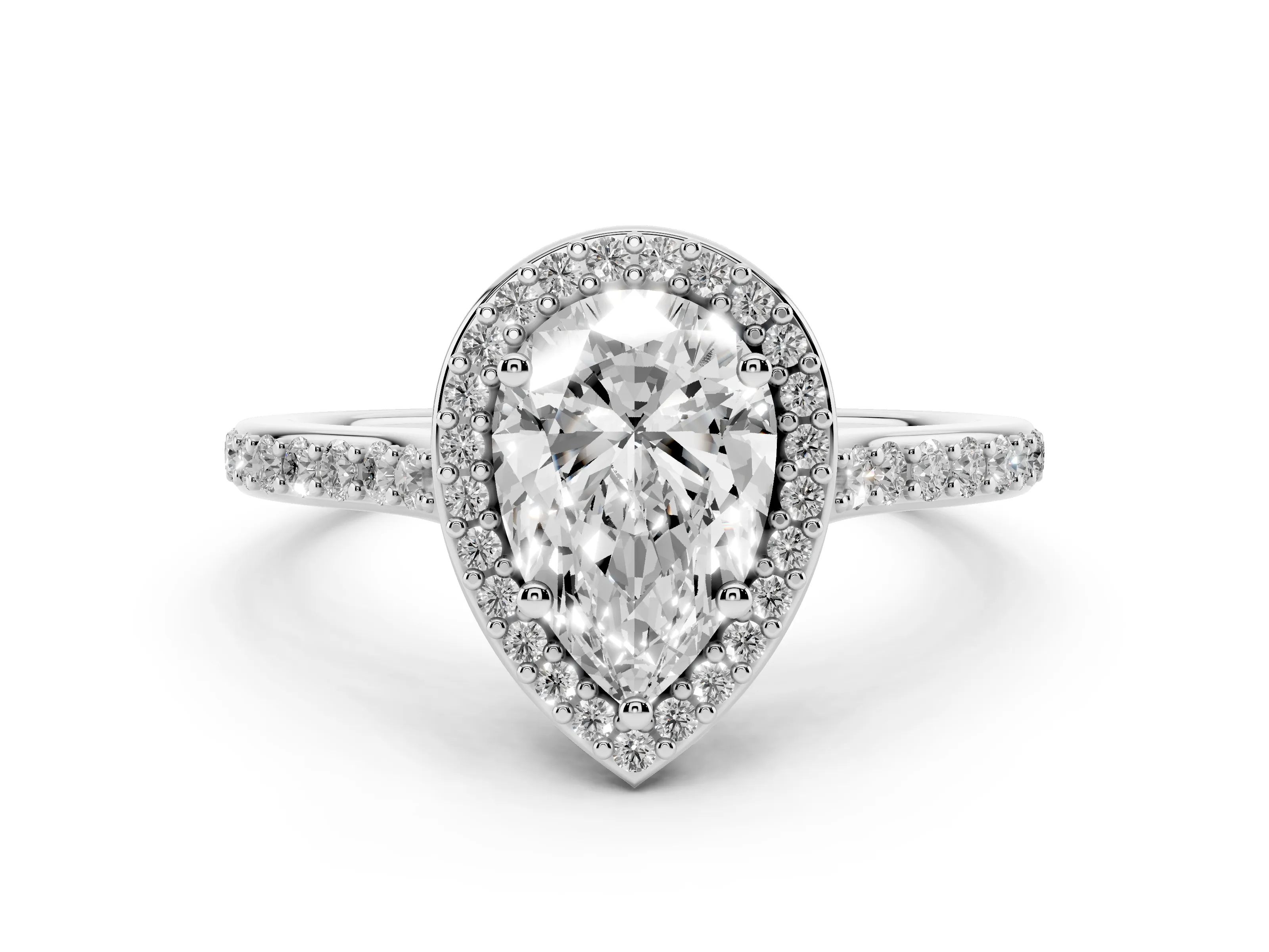 Pear Cut Diamond Halo Engagement Ring Set in White gold with Round Pavé Shoulders and Heart Gallery
