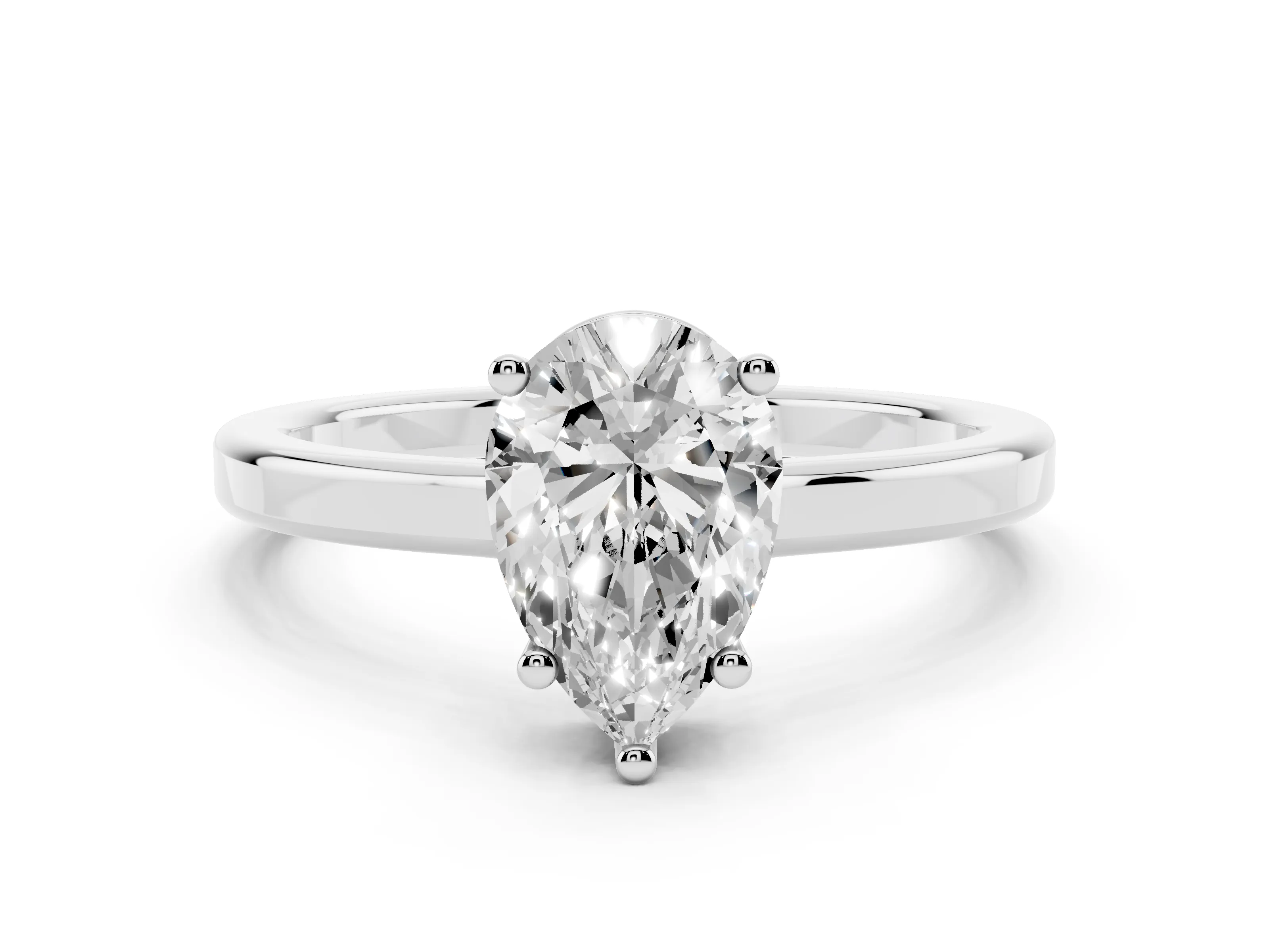 Pear Cut Diamond Solitaire Engagement Ring Set in Platinum with Prong Setting on a Plain Band
