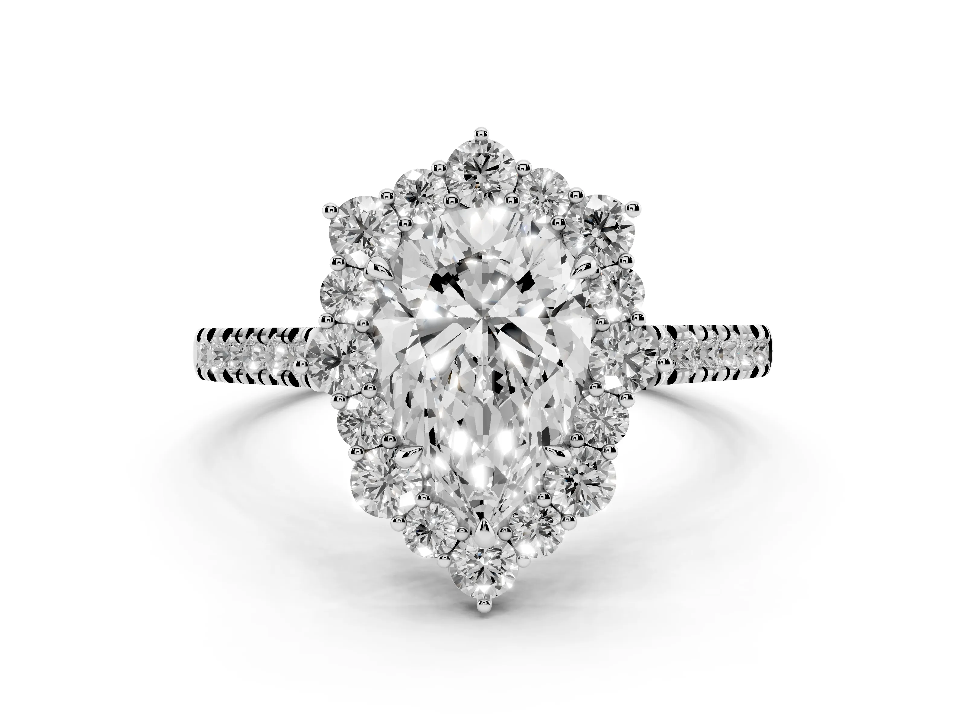 Pear Cut Diamond Halo Ring Set in White gold with Pavé Band and Prong Setting