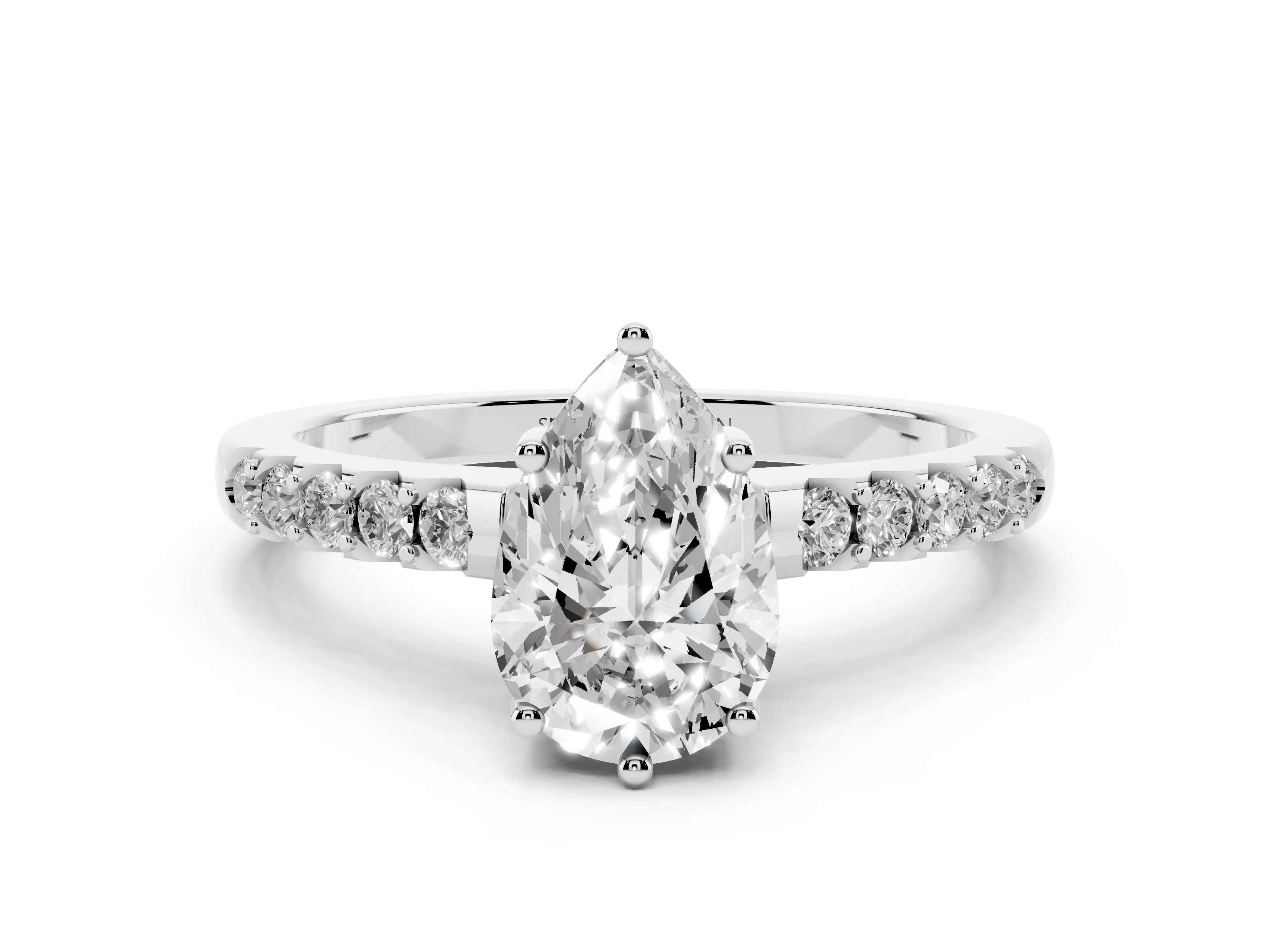 Pear Cut Diamond Solitaire Engagement Ring Set in Platinum with Pavé Band and Prong Setting