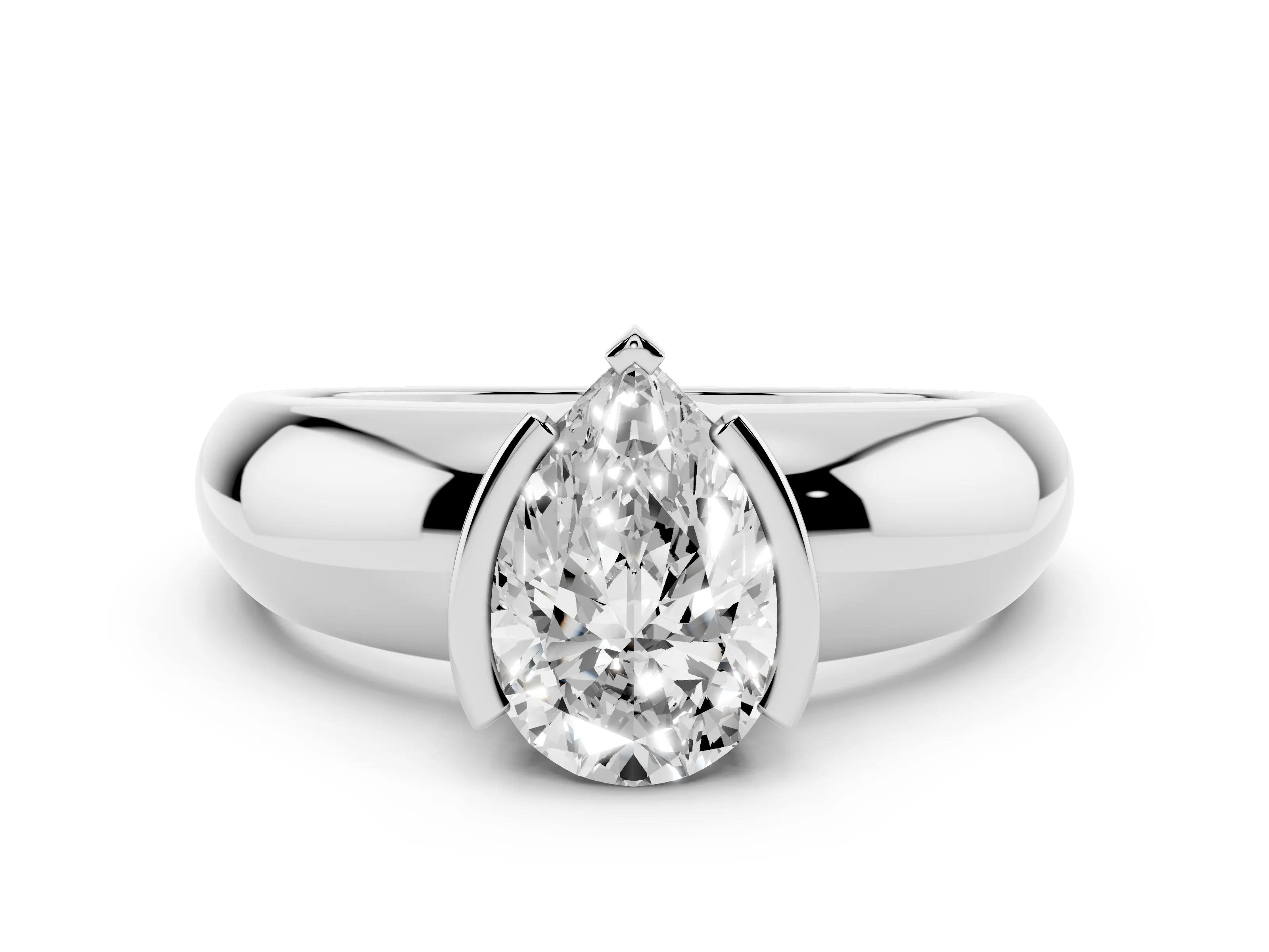 Pear Cut Diamond Solitaire Tension Set Ring Set in White gold with Wide Band
