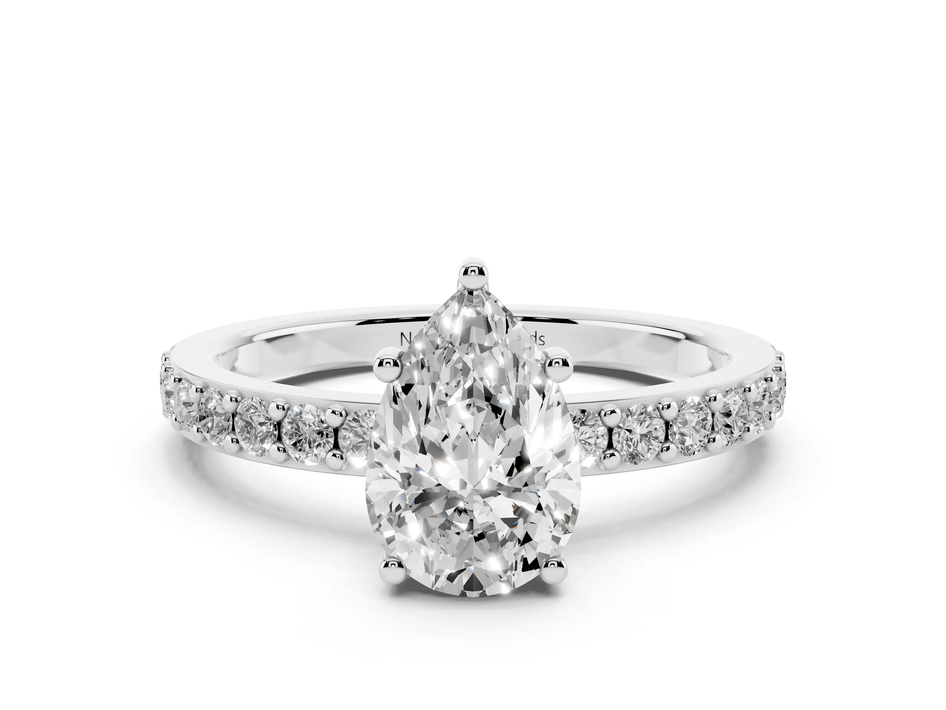 Pear Cut Diamond Solitaire Set in Platinum with Round Pavé Band and Prong Setting