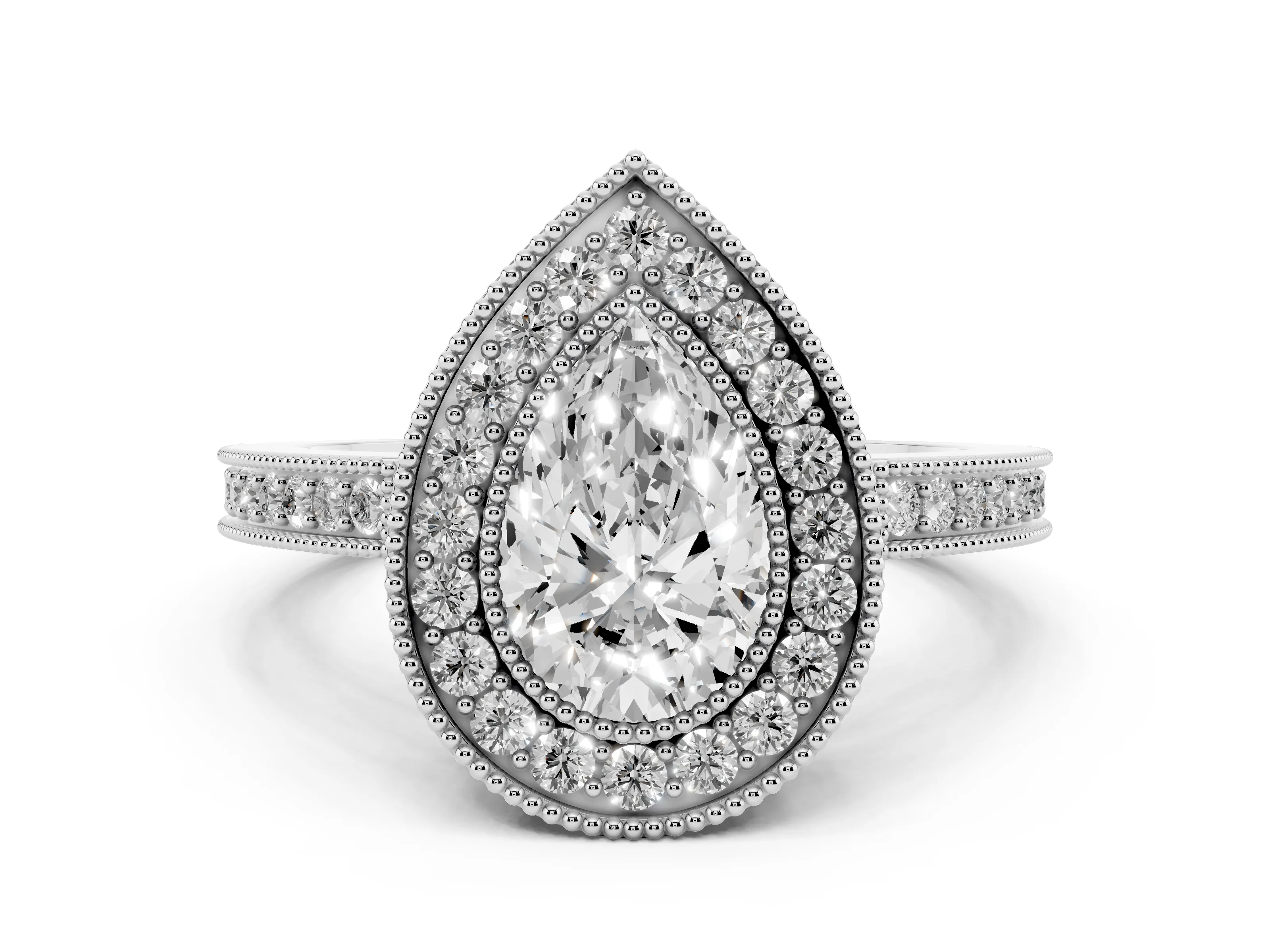 Pear Cut Diamond Round Halo Ring Set in White gold with Pavé Band