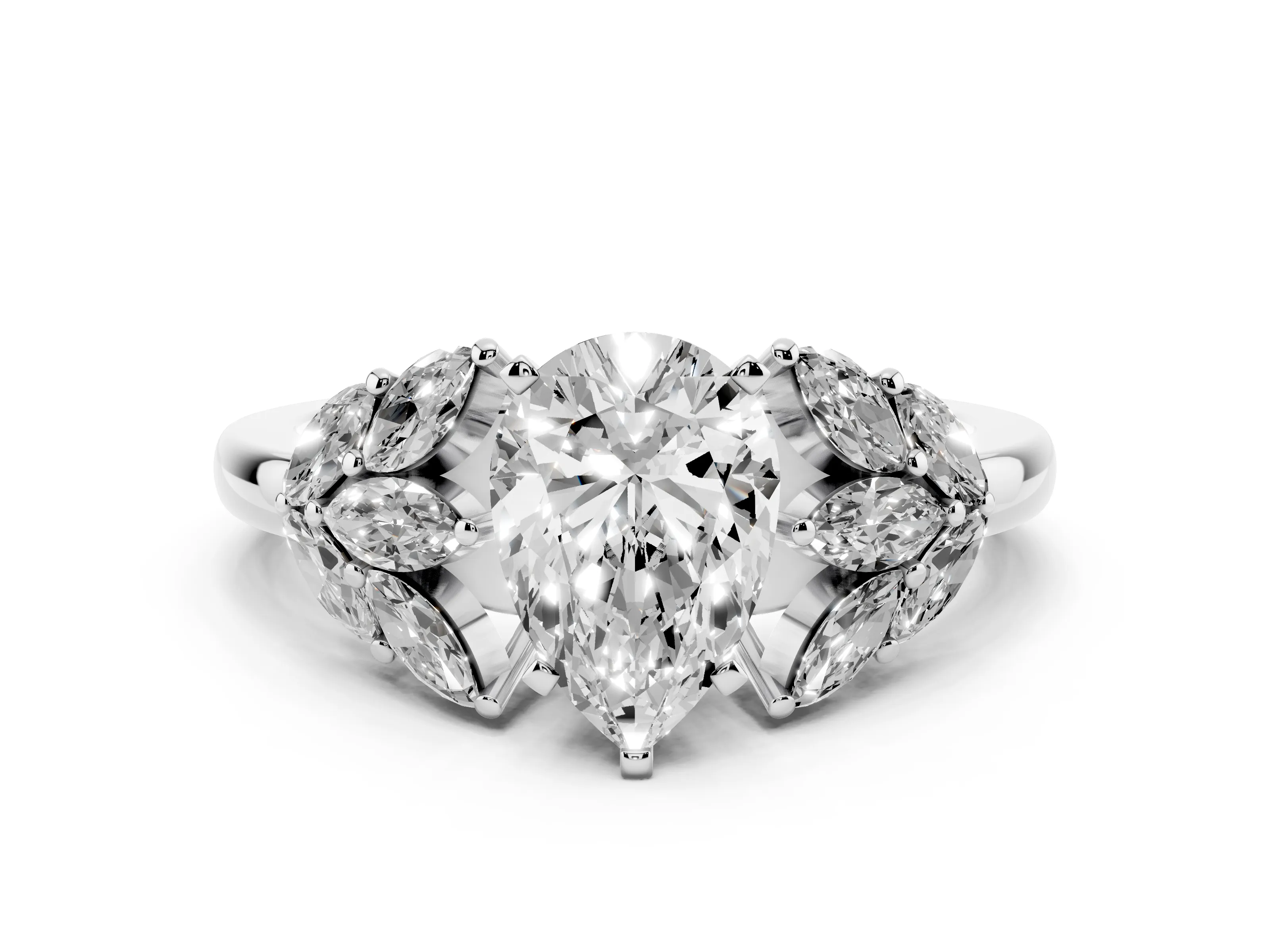 Pear Cut Diamond Cluster Leaf Design Ring Set in Platinum with Prong Setting