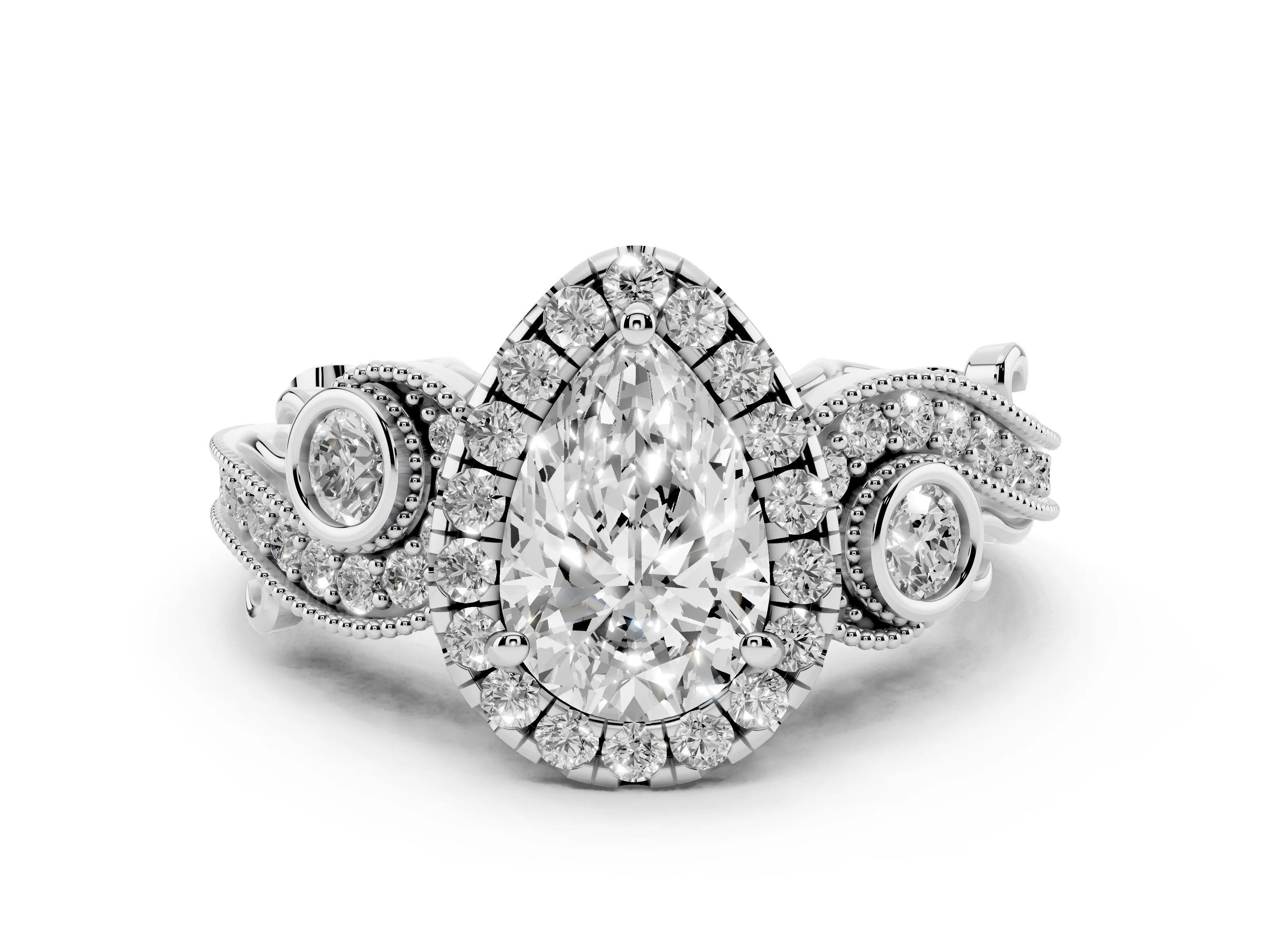 Pear Cut Diamond Halo Ring Set in Silver with Milgrain Pavé Band and Prong Setting