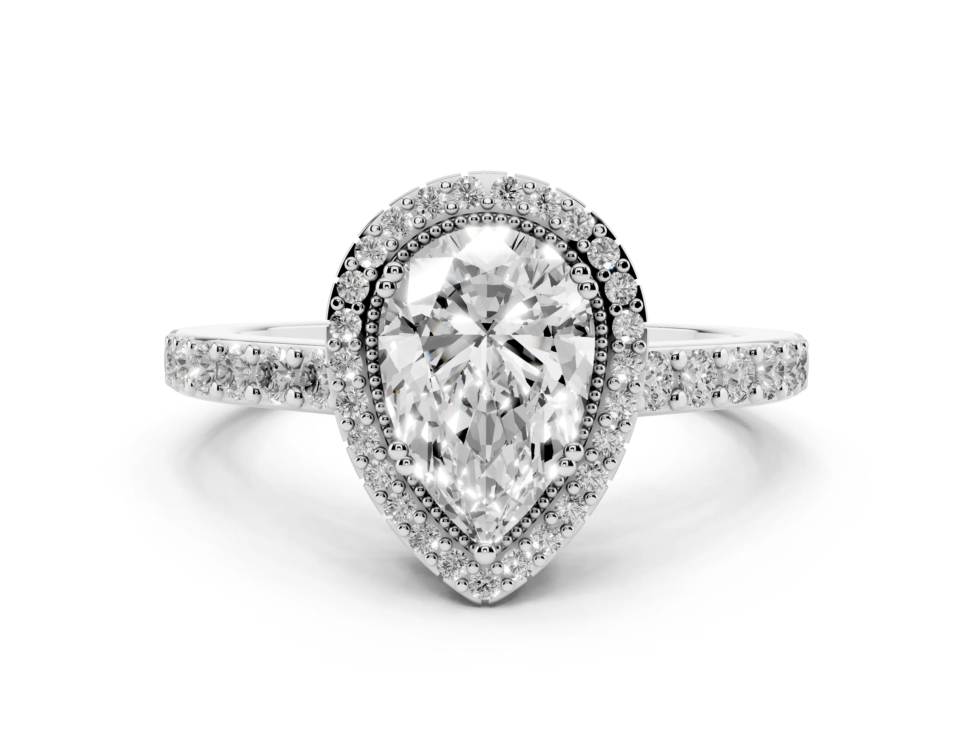 Pear Cut Diamond Halo Engagement Ring Set in White gold with Milgrain Detail and Pavé Band