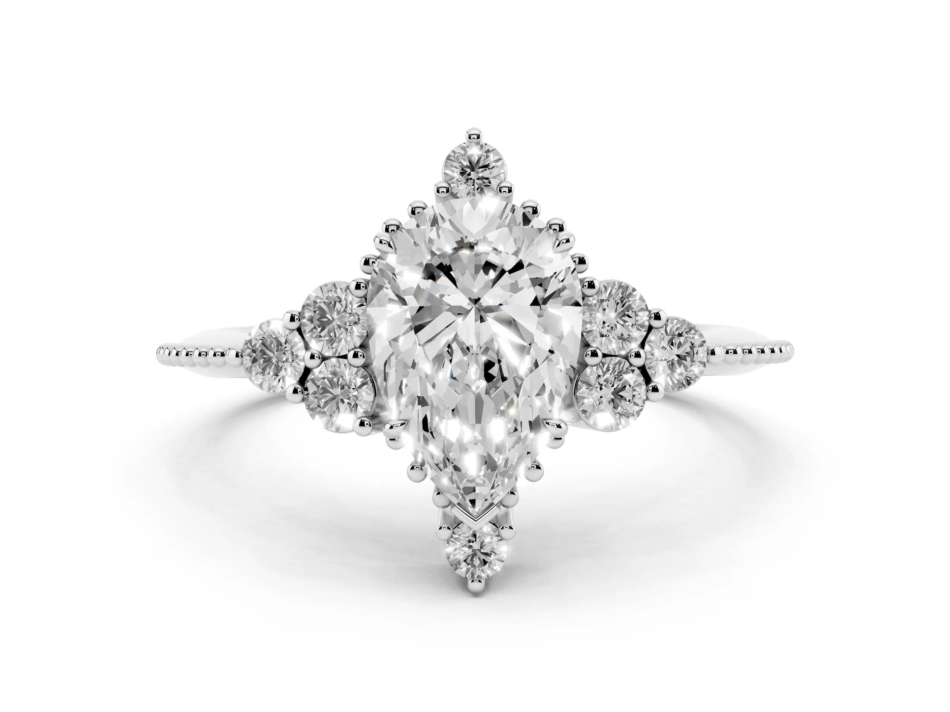 Pear Cut Diamond Cluster Ring Set in Platinum with Beaded Band