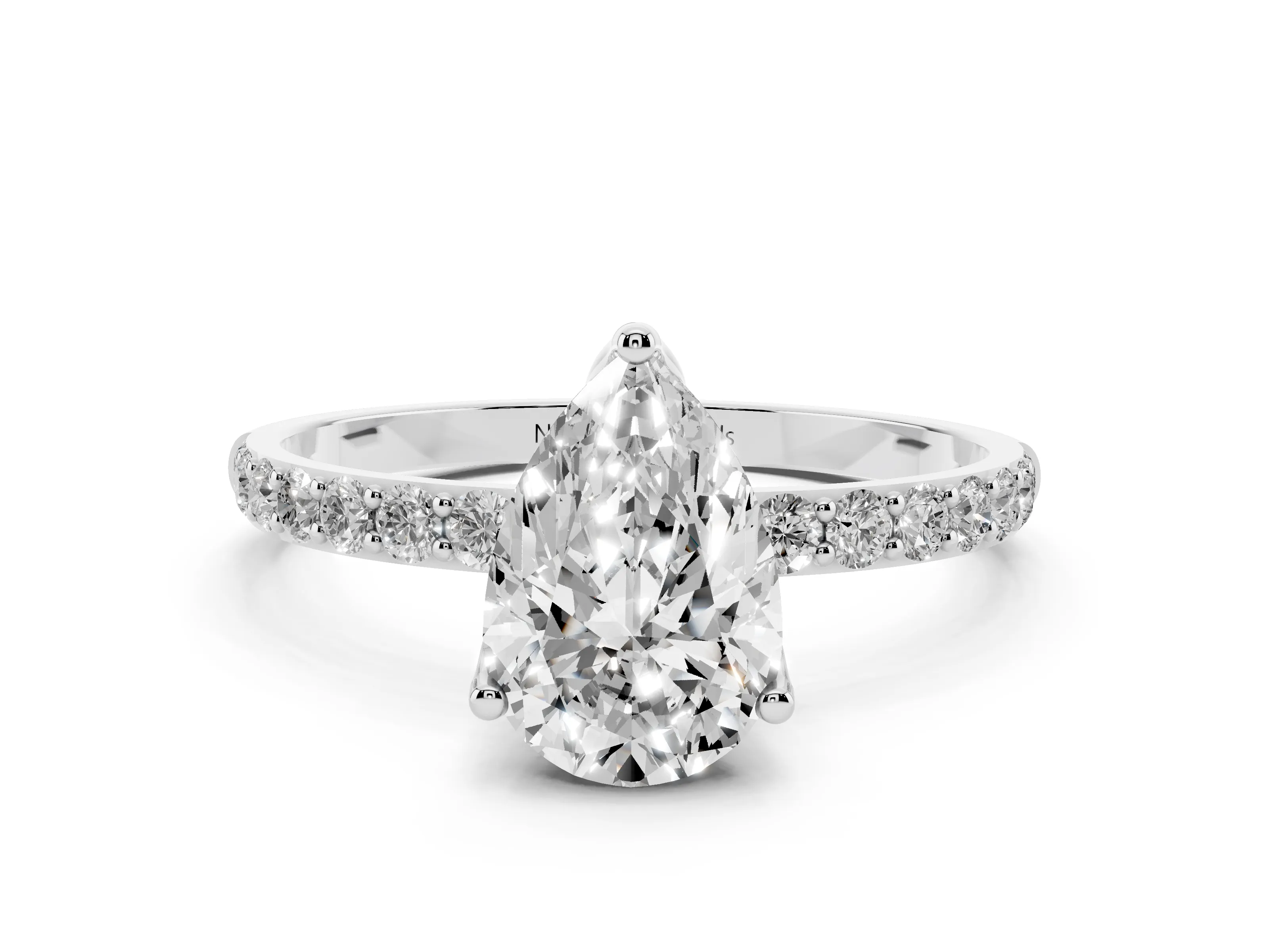 Pear Cut Diamond Solitaire Engagement Ring Set in White gold with Round Pavé Band and Prong Setting