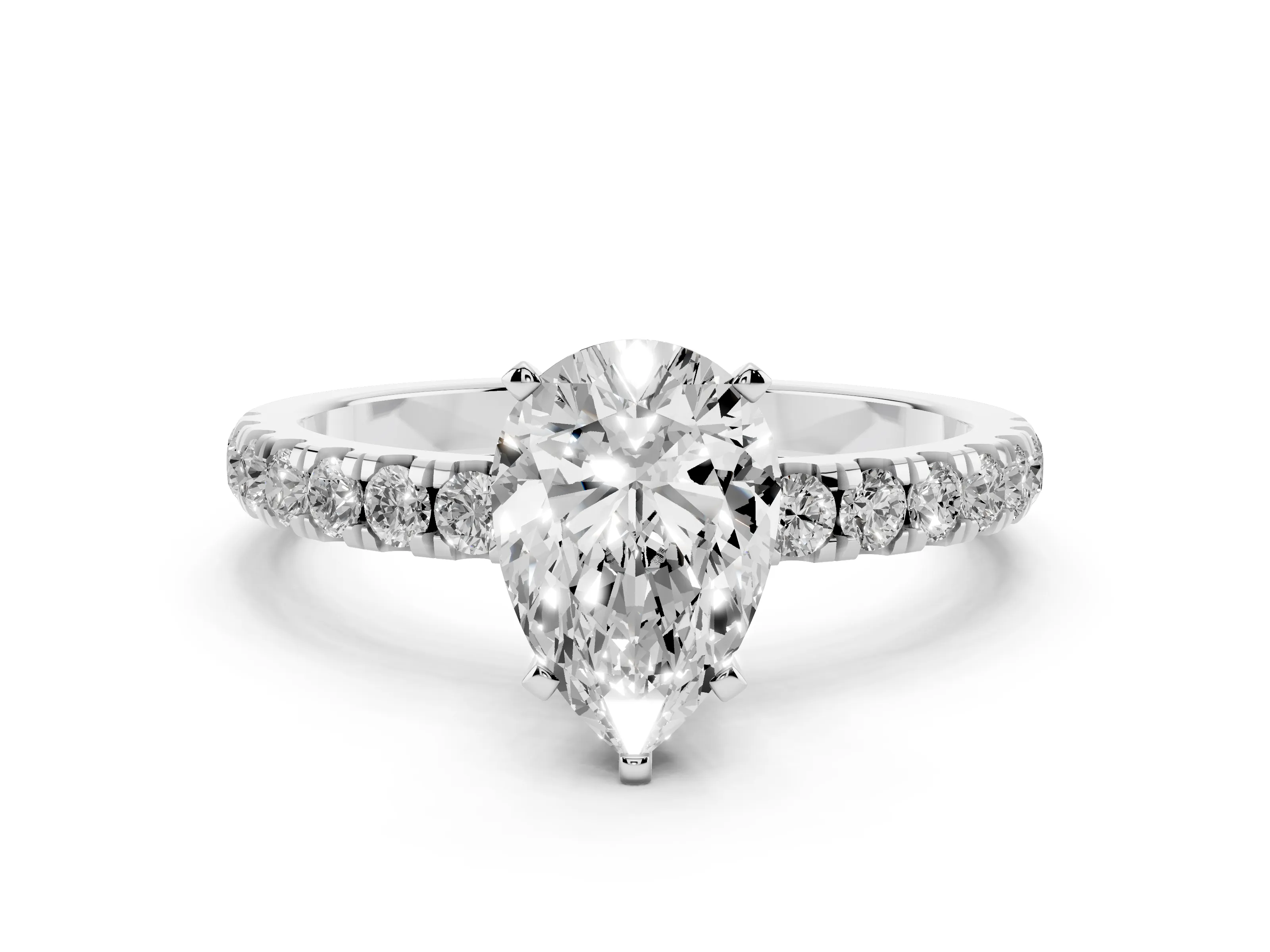 Pear Cut Diamond Solitaire Ring Set in White gold with Pavé Accents and Prong Setting