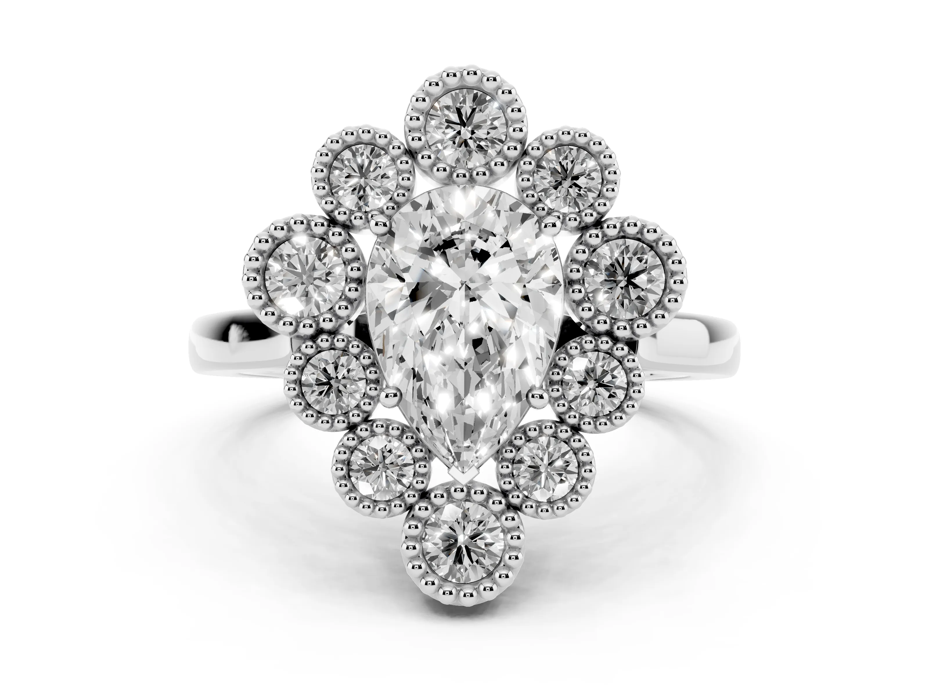 Pear Cut Diamond Cluster Halo Ring Set in White gold with Milgrain Bezel Accents and Plain Band