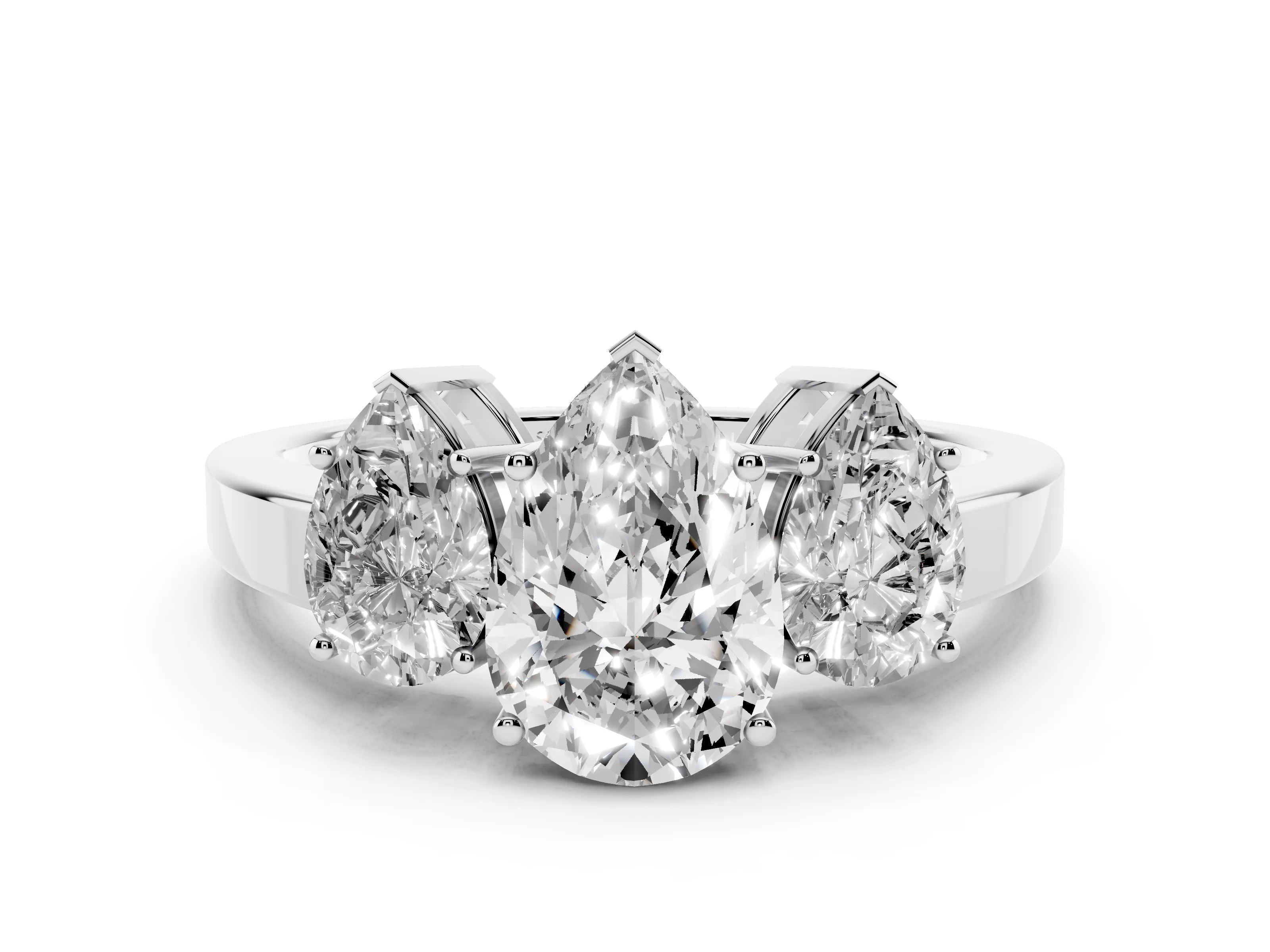 Pear Cut Diamond Three-Stone Engagement Ring Set in Silver with Flat Band
