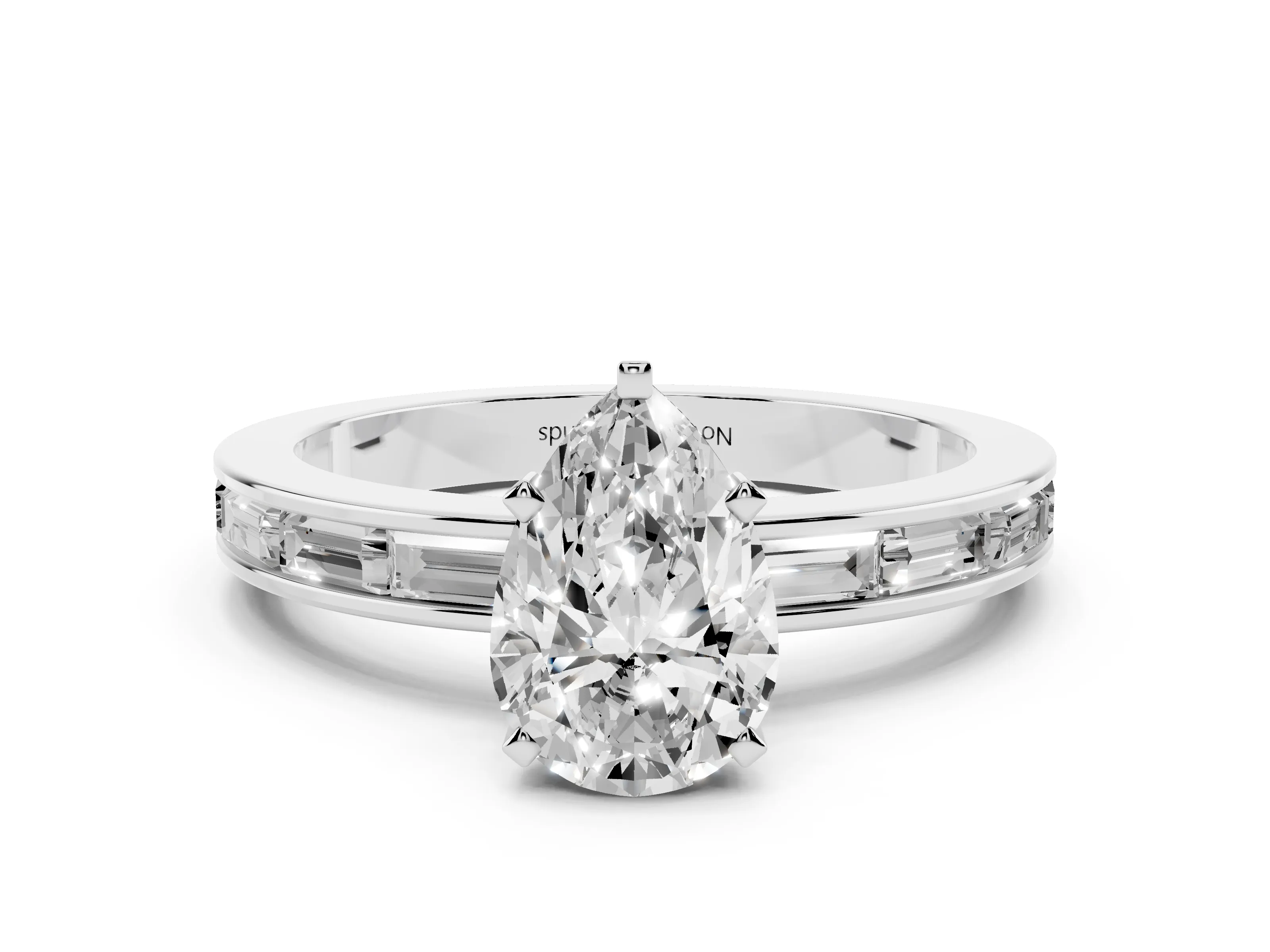 Pear Cut Diamond Solitaire Ring Set in Platinum with Channel-Set Baguette Band and Prong Setting