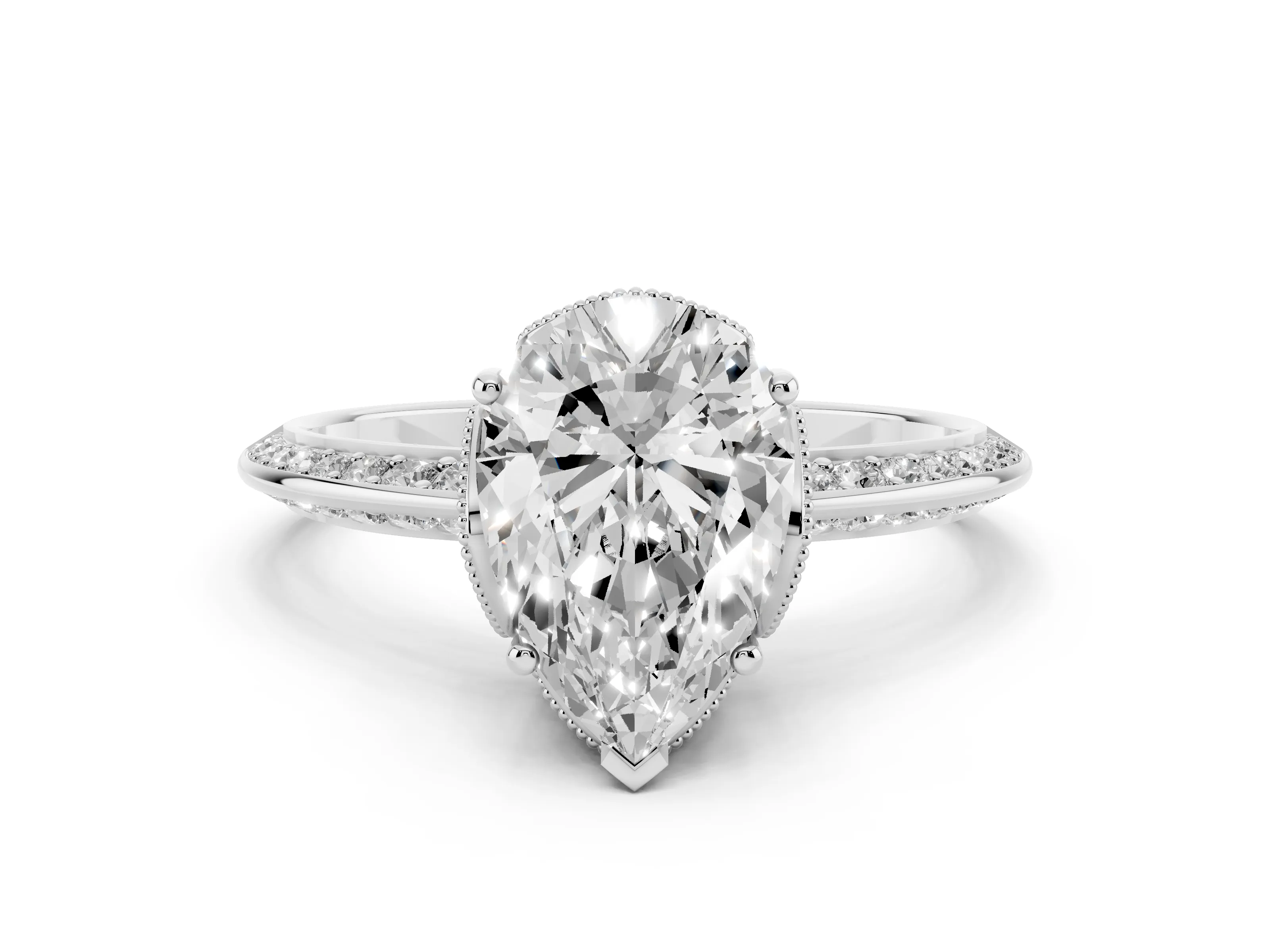 Pear Cut Diamond Solitaire Engagement Ring Set in White gold with Pavé Split Shank and Prong Setting