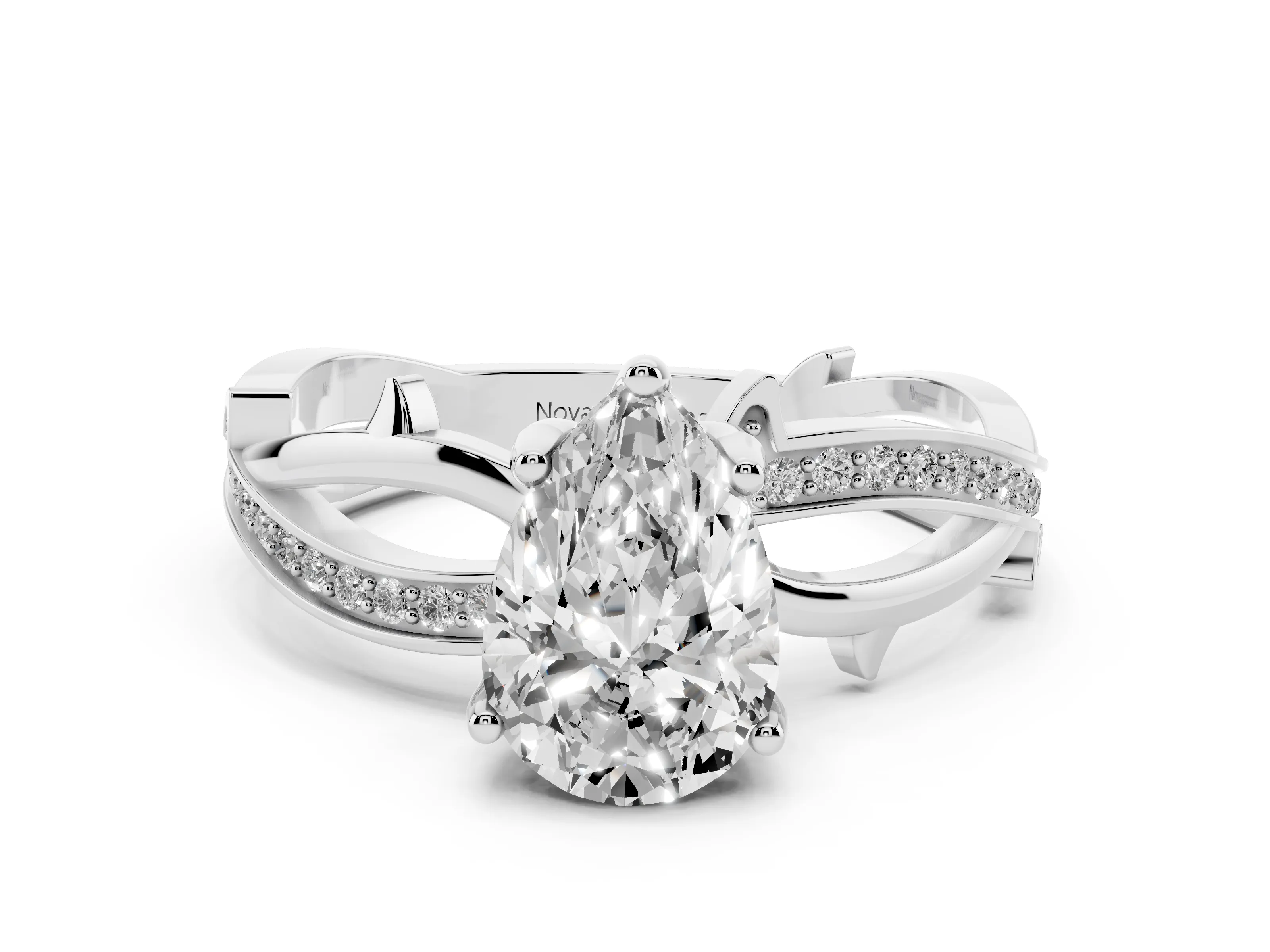 Pear Cut Diamond Pavé Twist Band Solitaire Ring Set in Platinum with Prong Setting