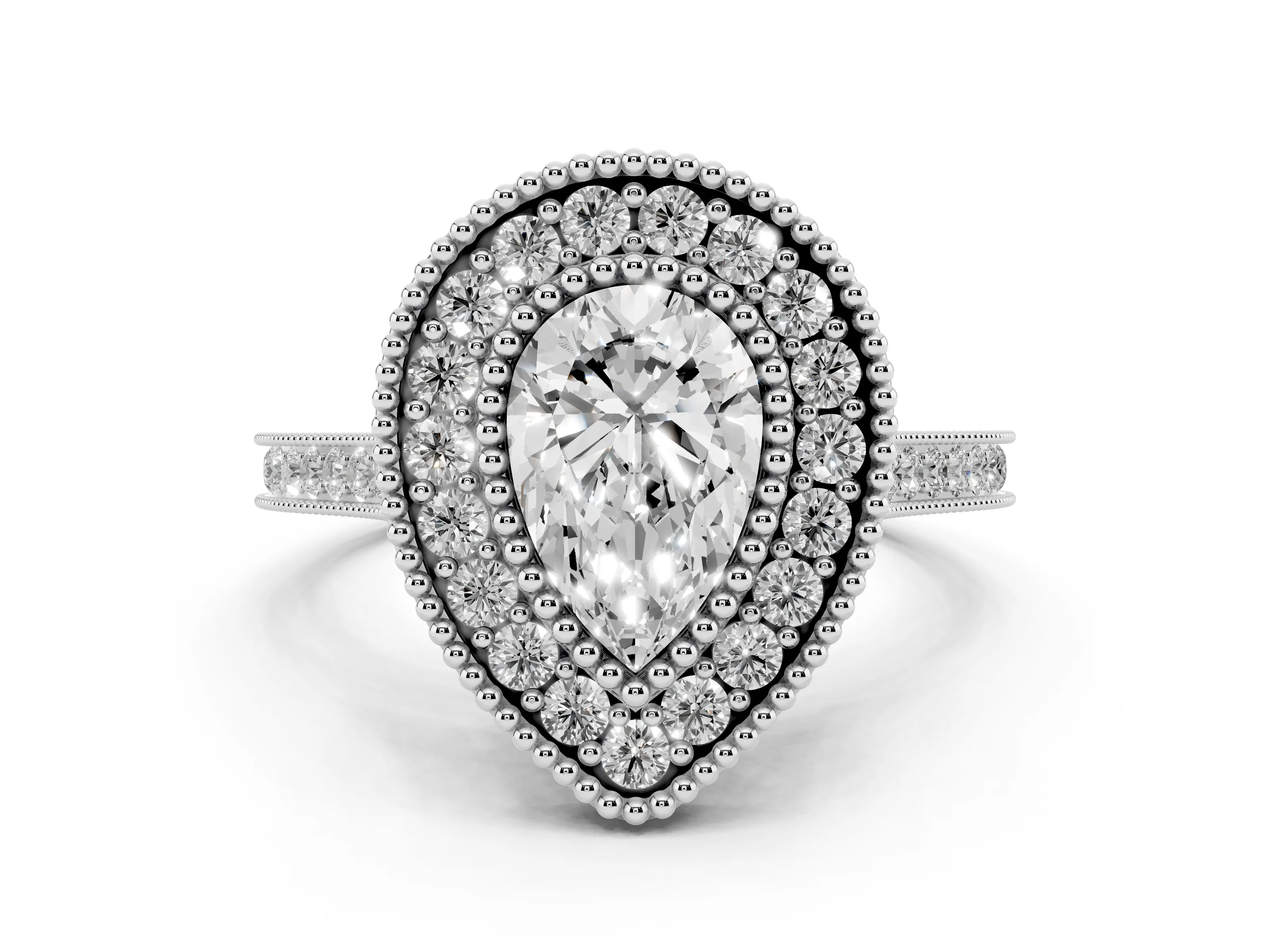 Pear Cut Diamond Halo Ring Set in Platinum with Milgrain Frame and Pavé Band
