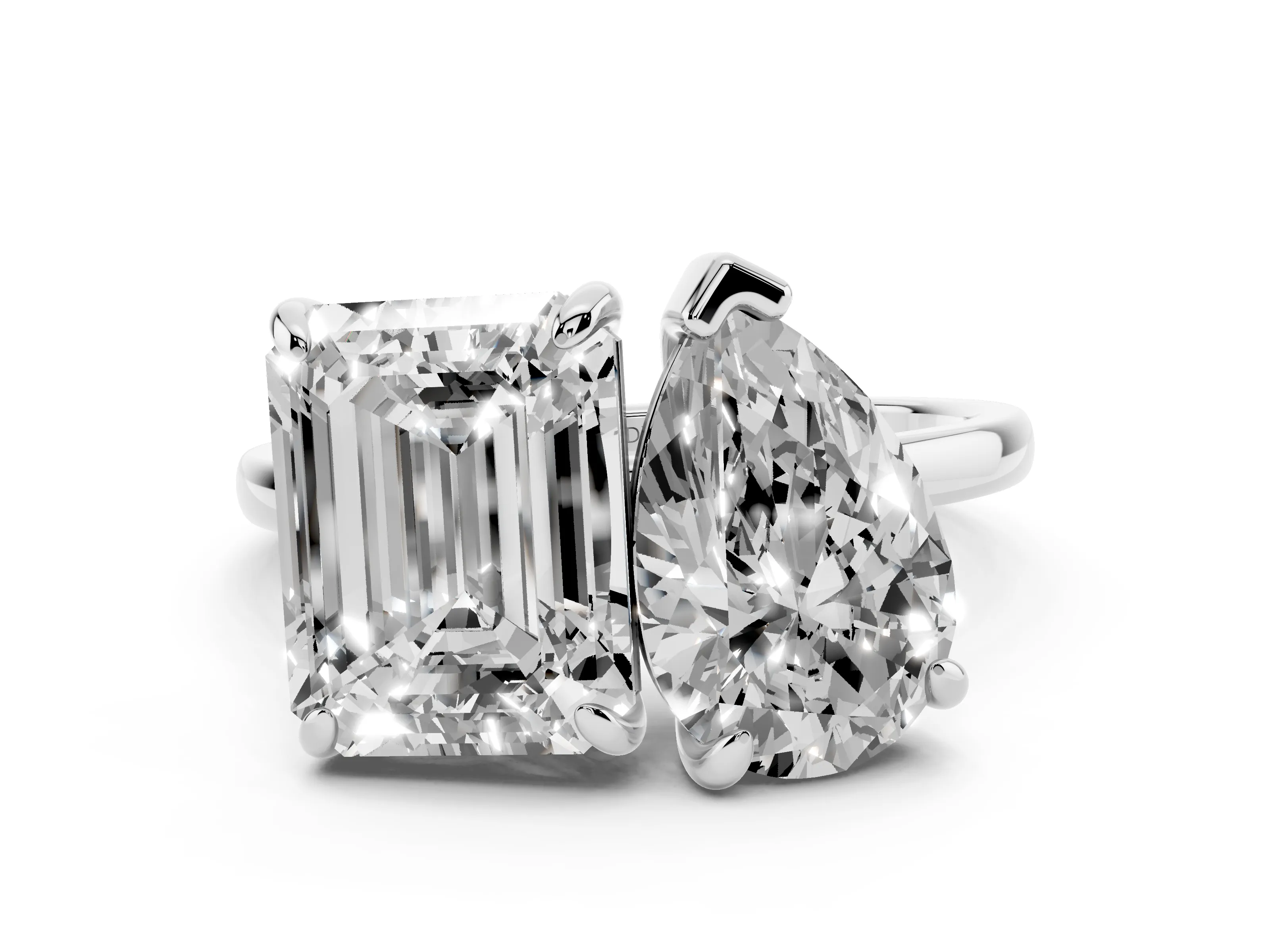 Pear and Emerald Toi Moi Ring Set in Platinum with Prong Setting and Plain Band